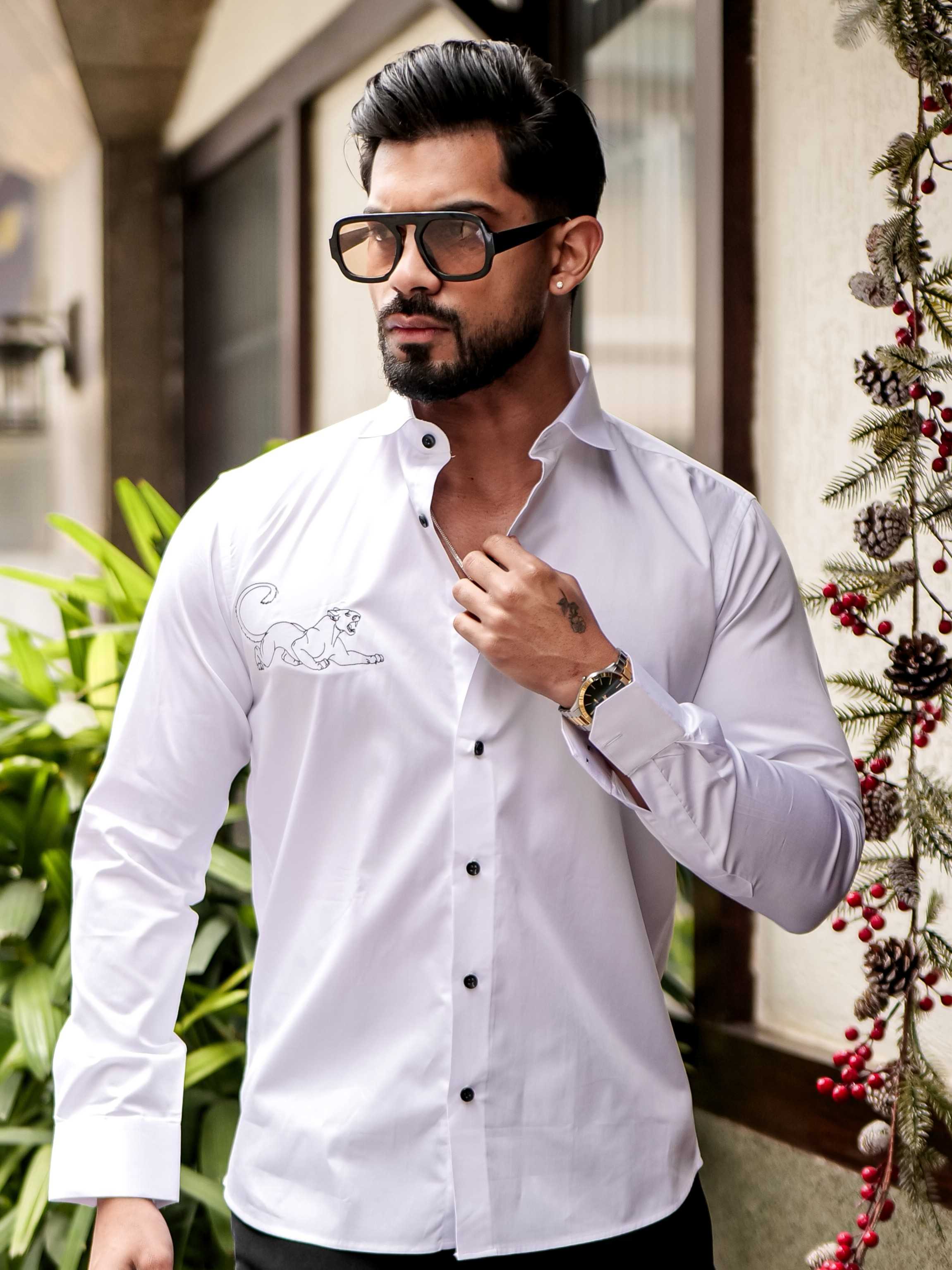 WHITE EMBROIDERED DESIGNER SATIN COTTON SHIRT FOR MEN'S