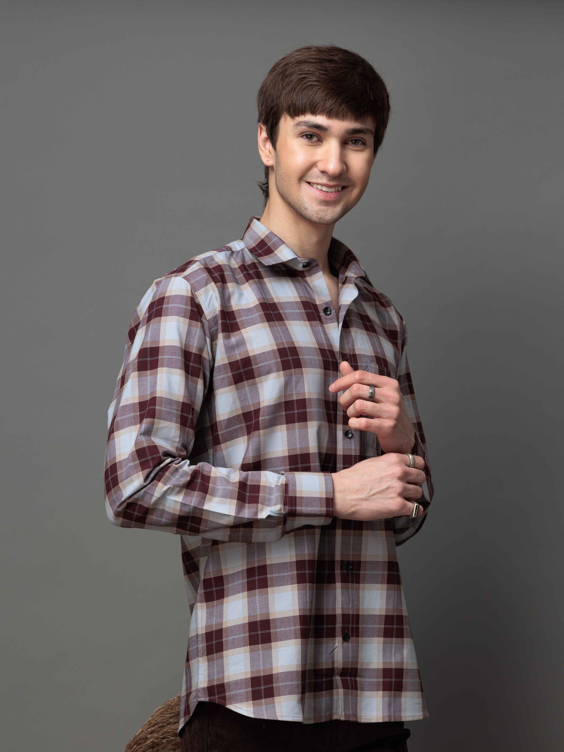 SQUARE WINE CHECKED COTTON CASUAL SHIRT FOR MEN'S