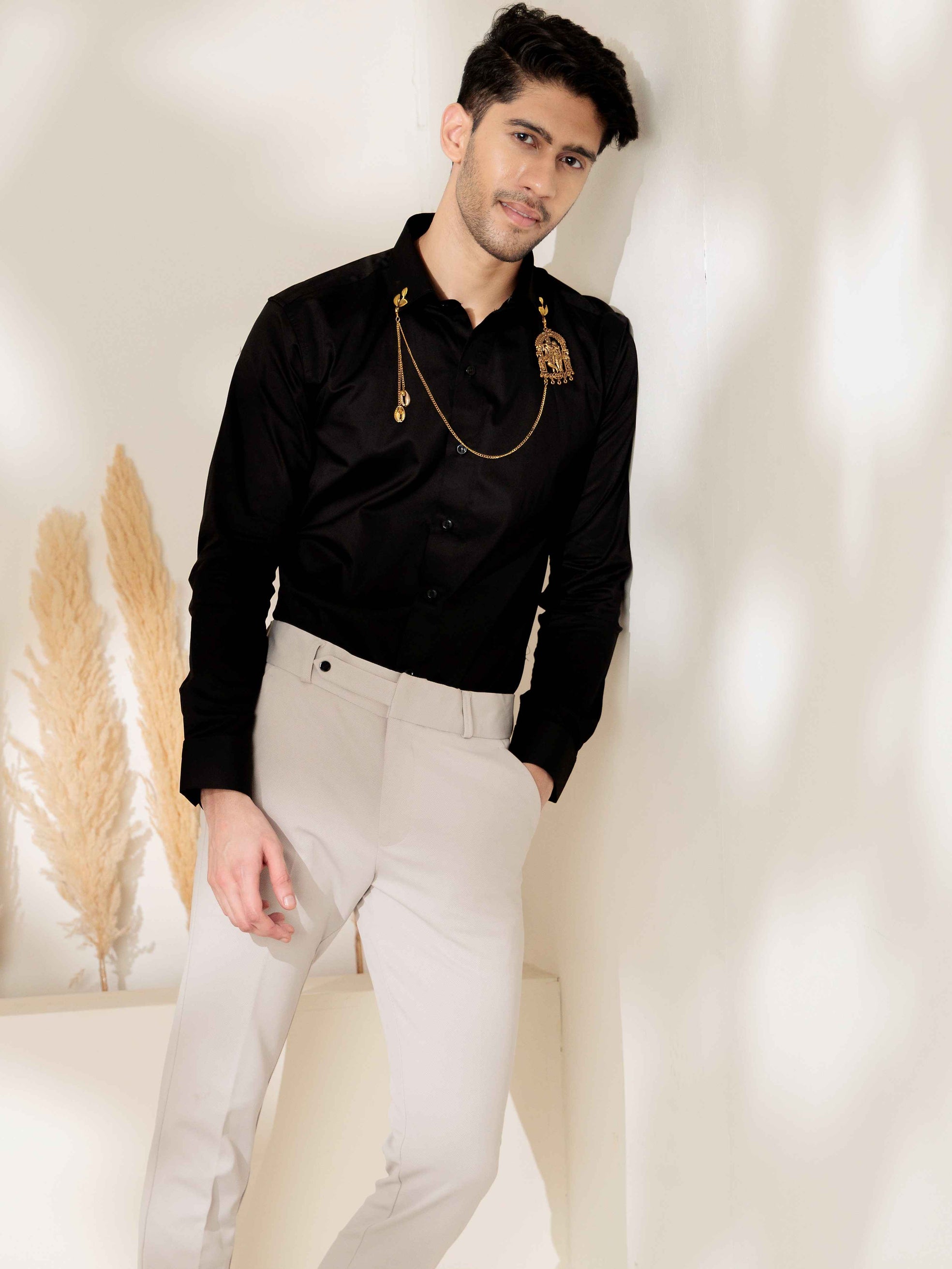 FOOMER RADHEKRISHNA BLACK DESIGNER SATIN COTTON SHIRT
