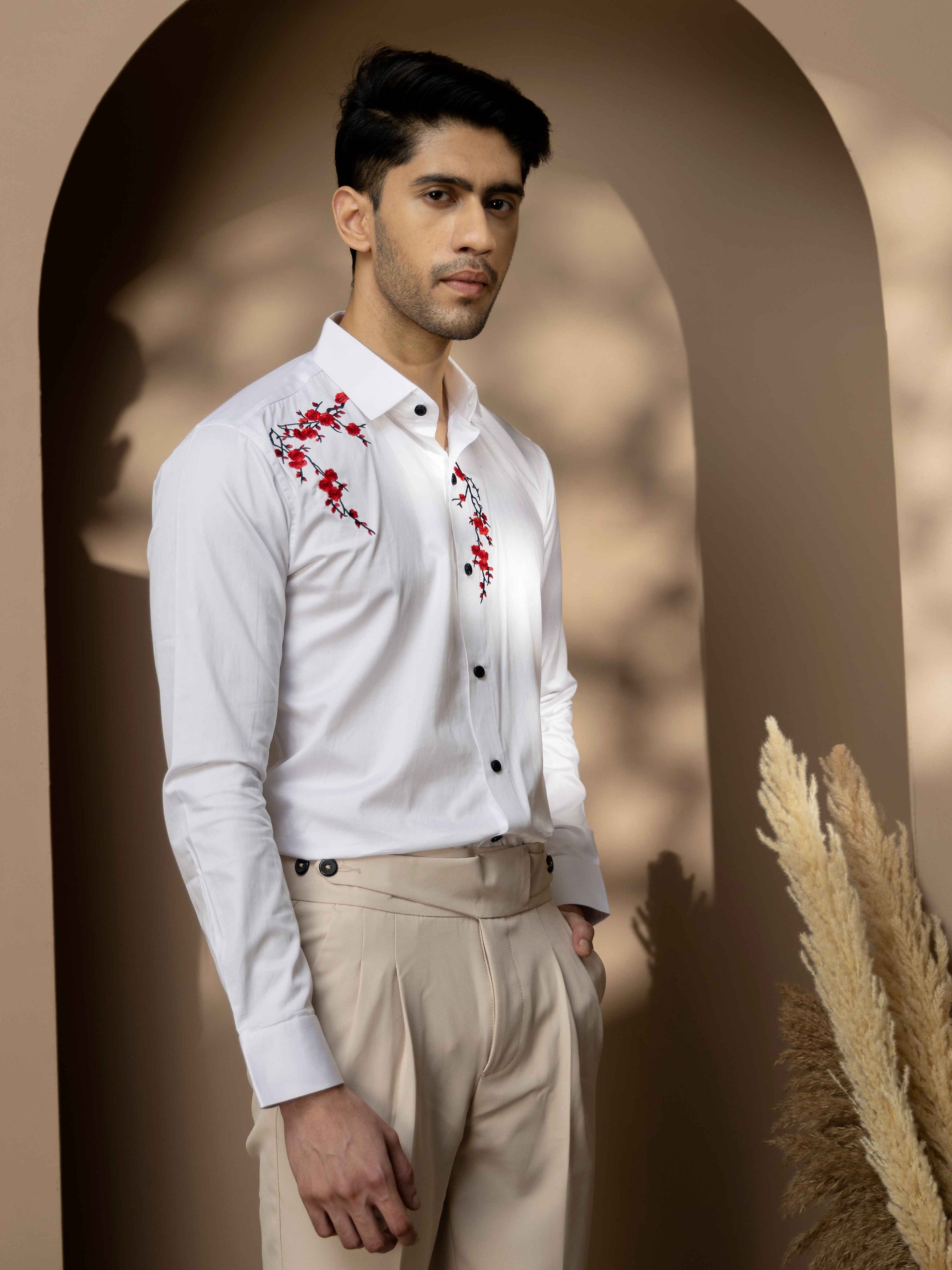 FOOMER WHITE EMBROIDERED DESIGNER WEAR SATIN COTTON SHIRT FOR MEN