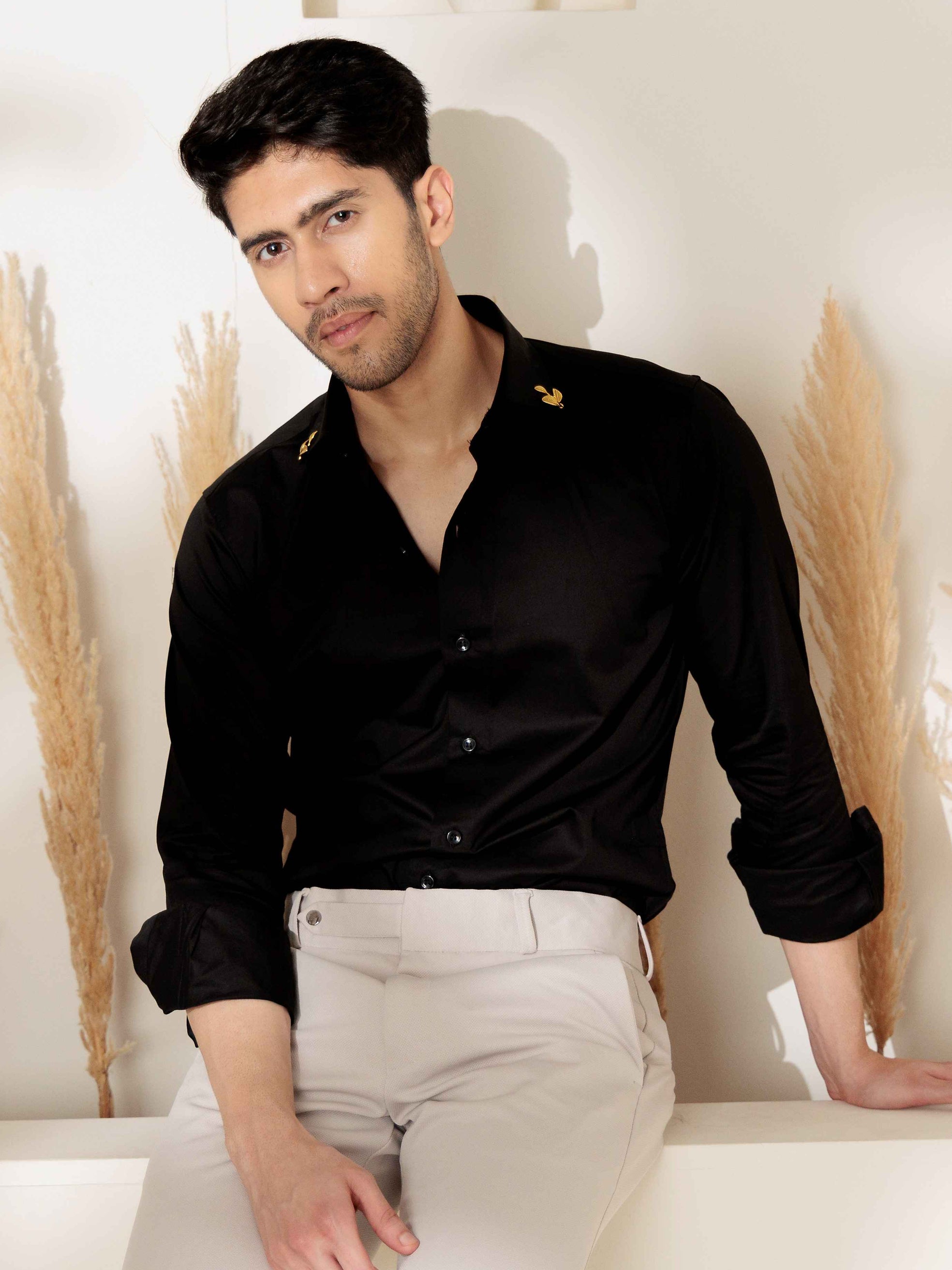 FOOMER BID LEAF BLACK DESIGNER SATIN COTTON SHIRT FOR MEN