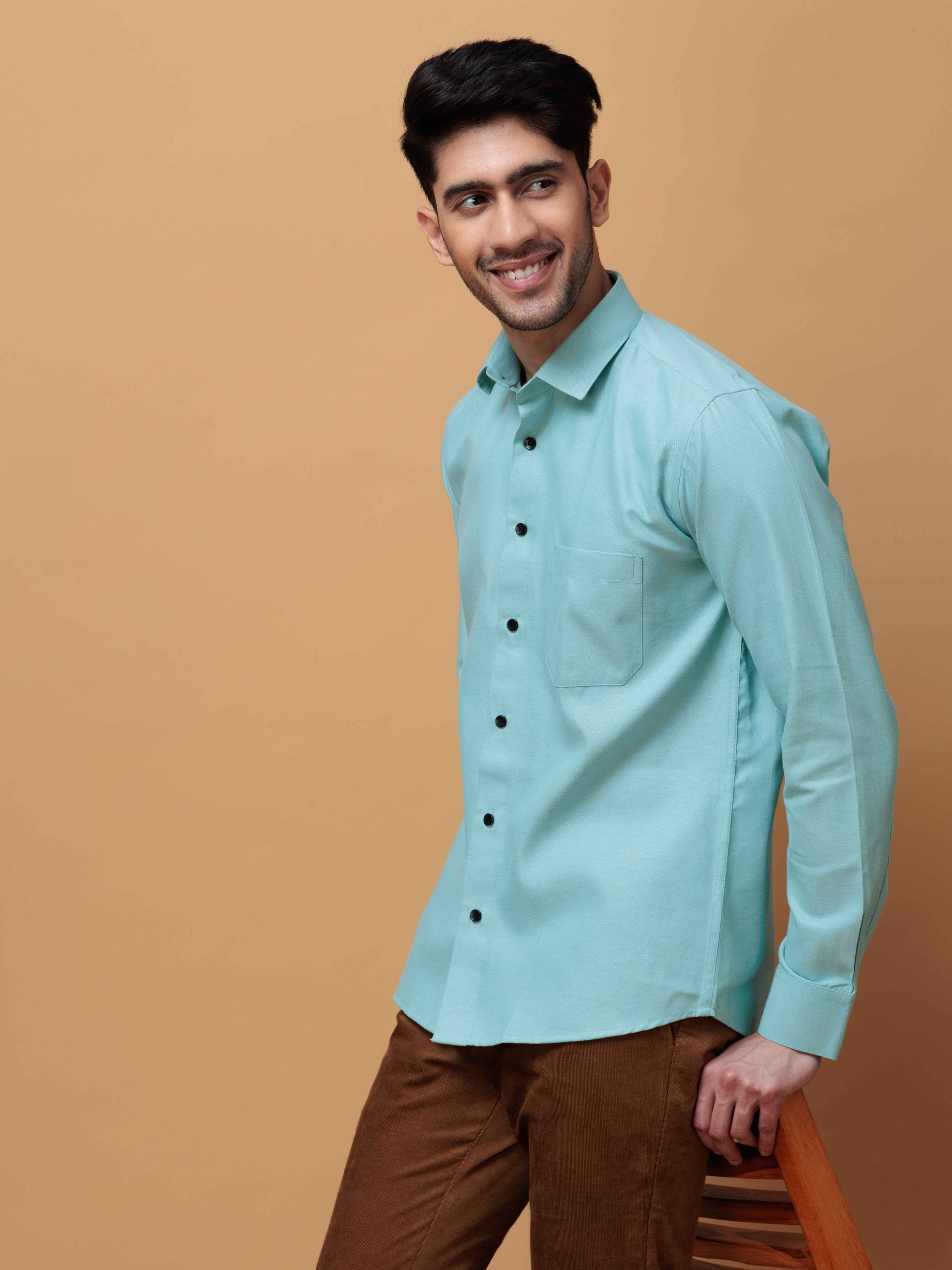 FORMAL CYAN PLAIN OXFORD COTTON CASUAL SHIRT FOR MEN'S