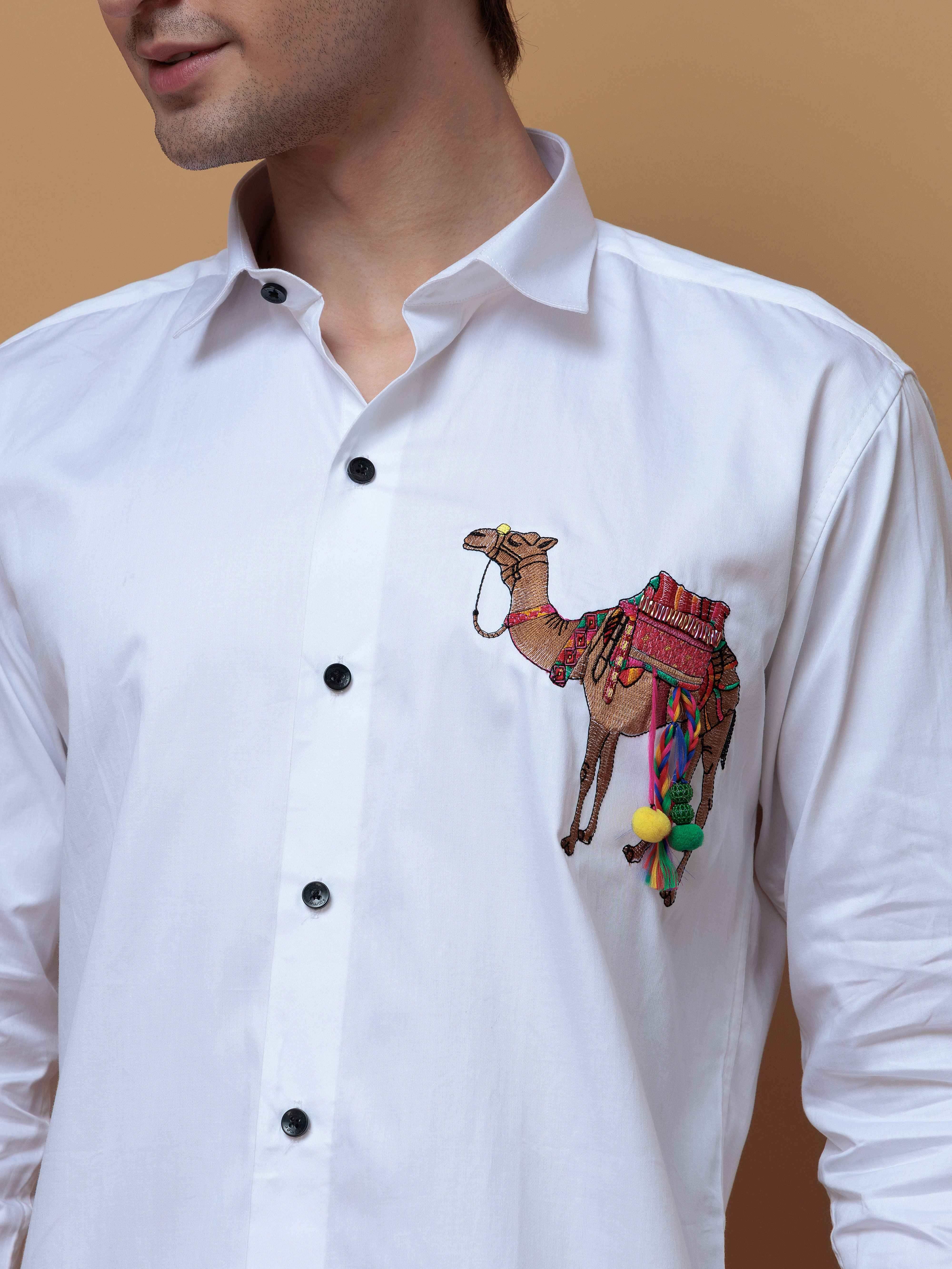 WHITE CAMEL EMBROIDERED DESIGNER SATIN COTTON SHIRT FOR MEN&#39;S