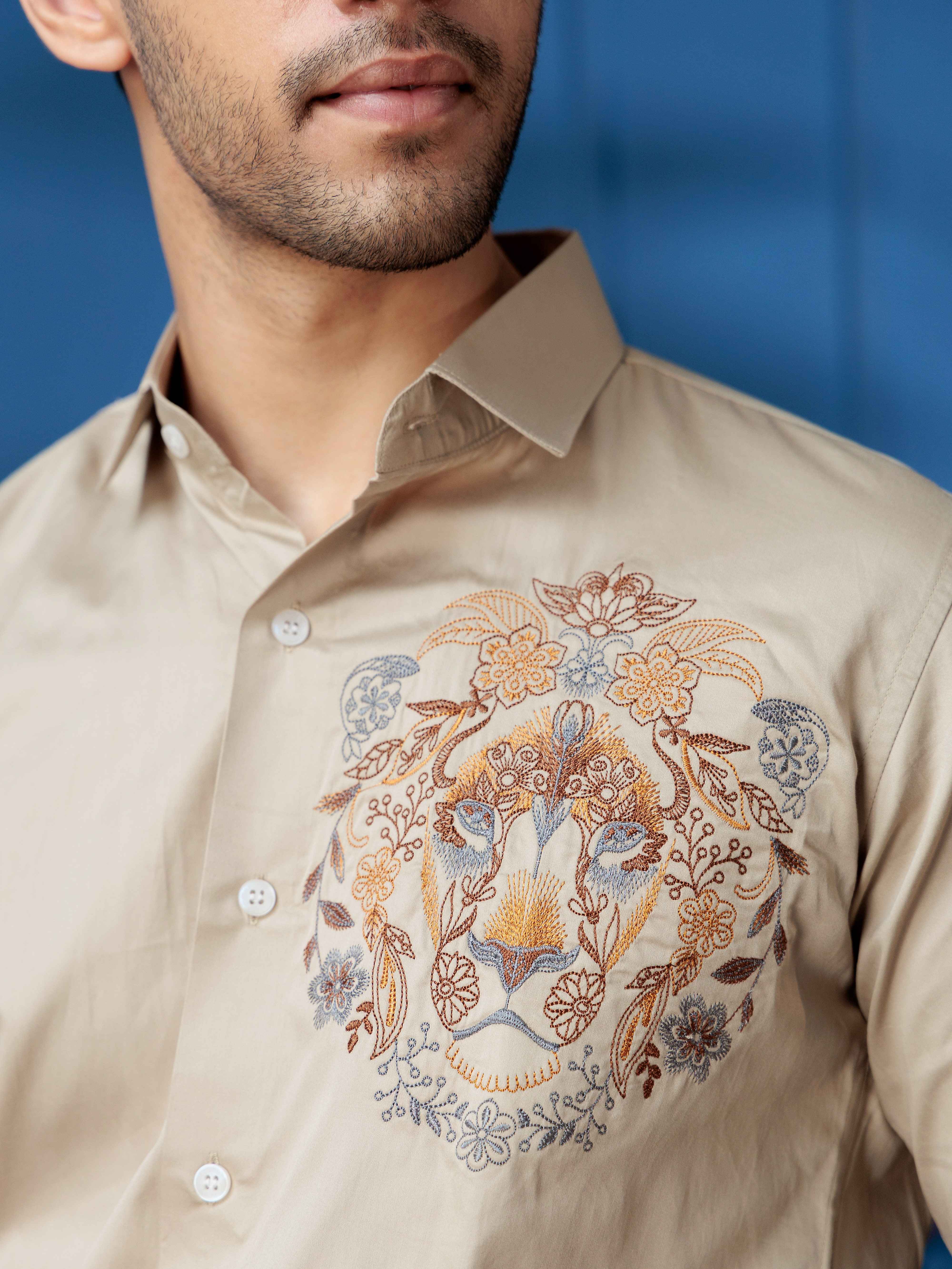 FOOMER CREAM LION EMBROIDERED CLUB WEAR SATIN COTTON SHIRT