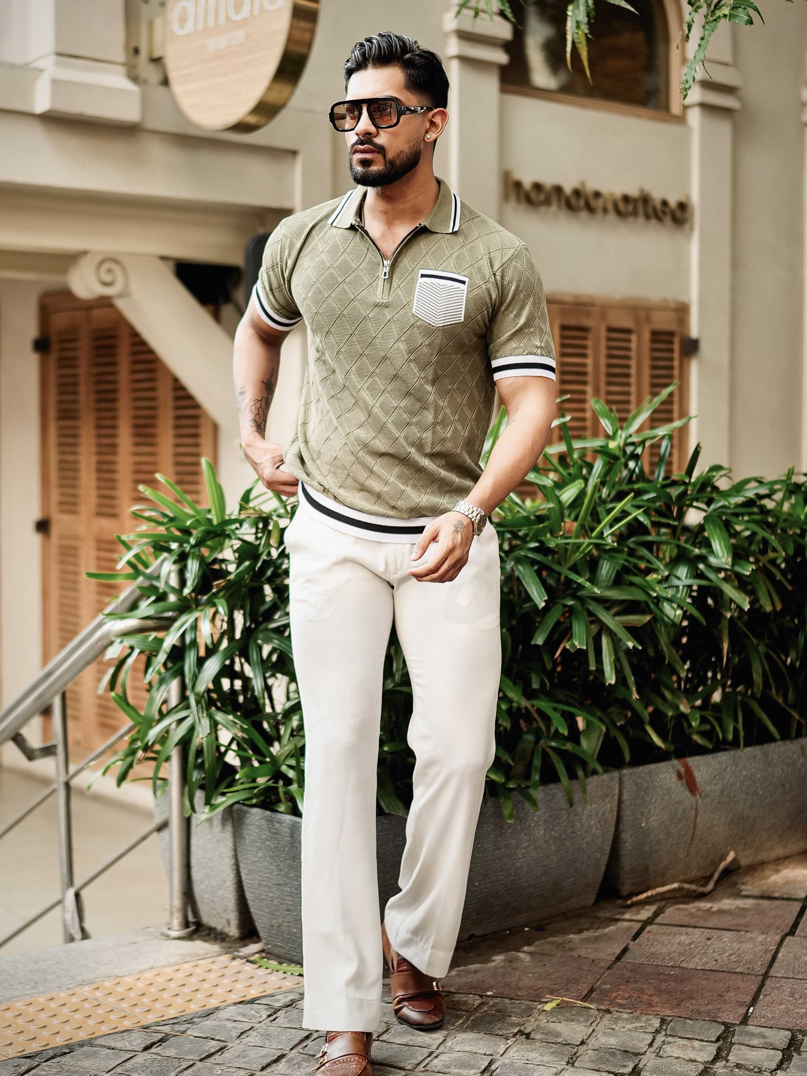 FOOMER GREEN HALF SLEEVE KNITTED TSHIRT FOR MEN'S