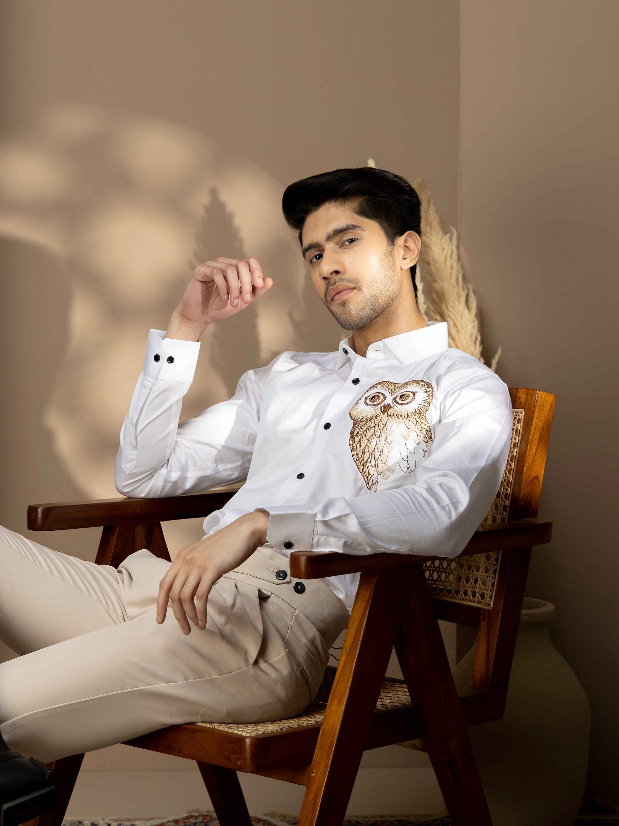 FOOMER HOOTER WHITE EMBROIDERED CLUB WEAR SATIN COTTON SHIRT