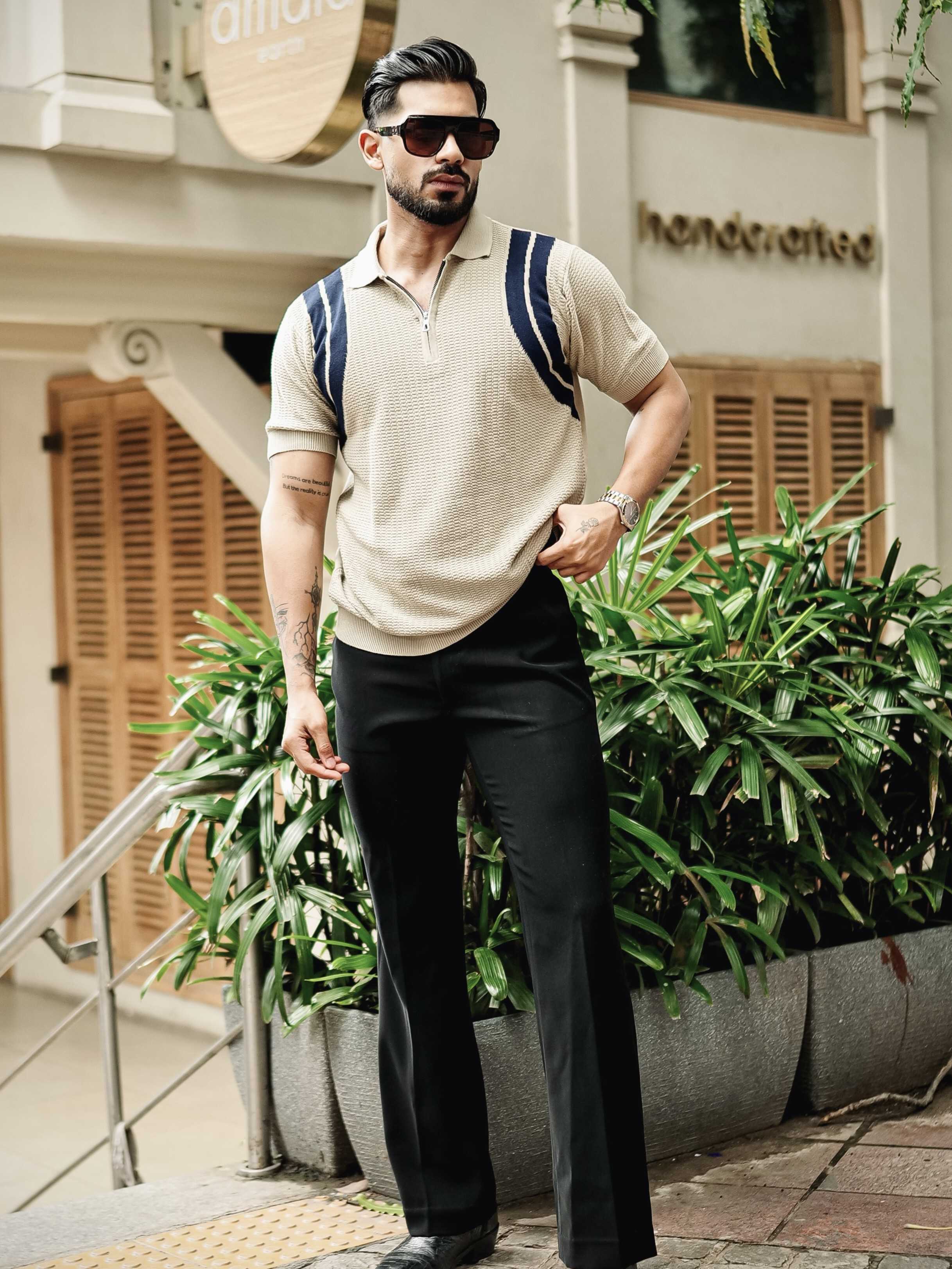 FOOMER CREAM HALF SLEEVE KNITTED TSHIRT FOR MEN'S