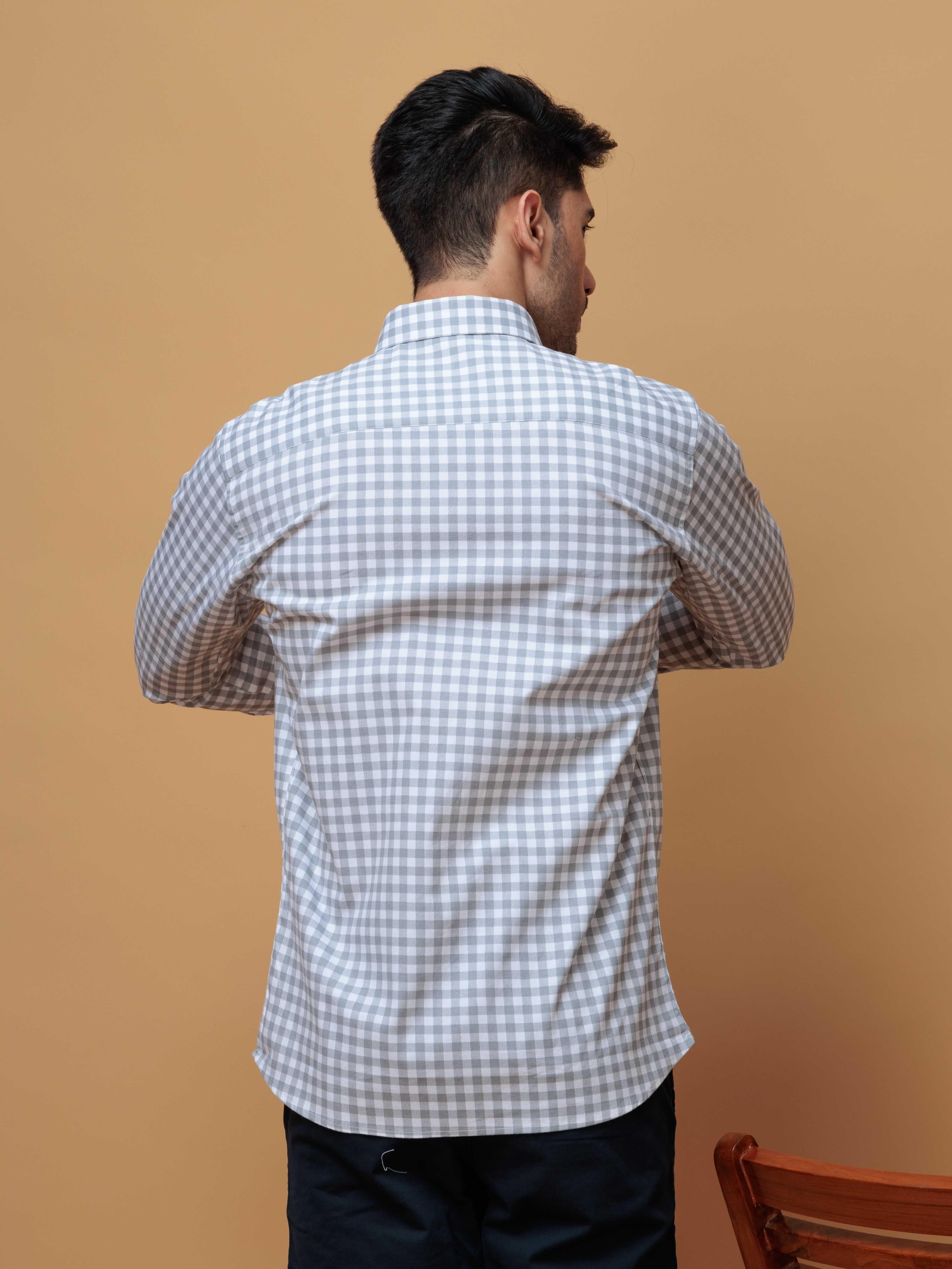 GREY CHECKERED PRINTED COTTON CASUAL SHIRT FOR MEN&#39;S