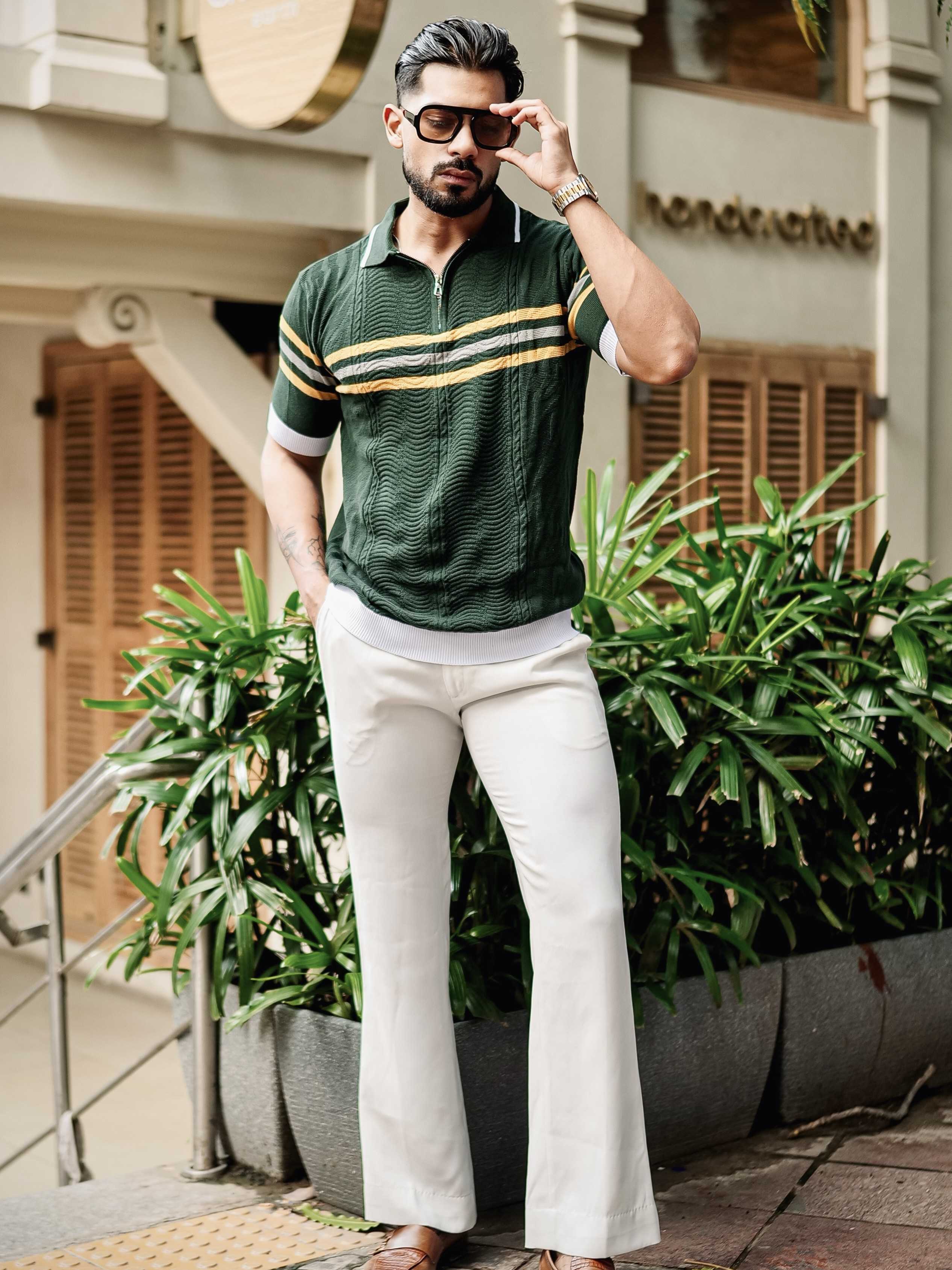 FOOMER GREEN HALF SLEEVE KNITTED TSHIRT FOR MEN'S