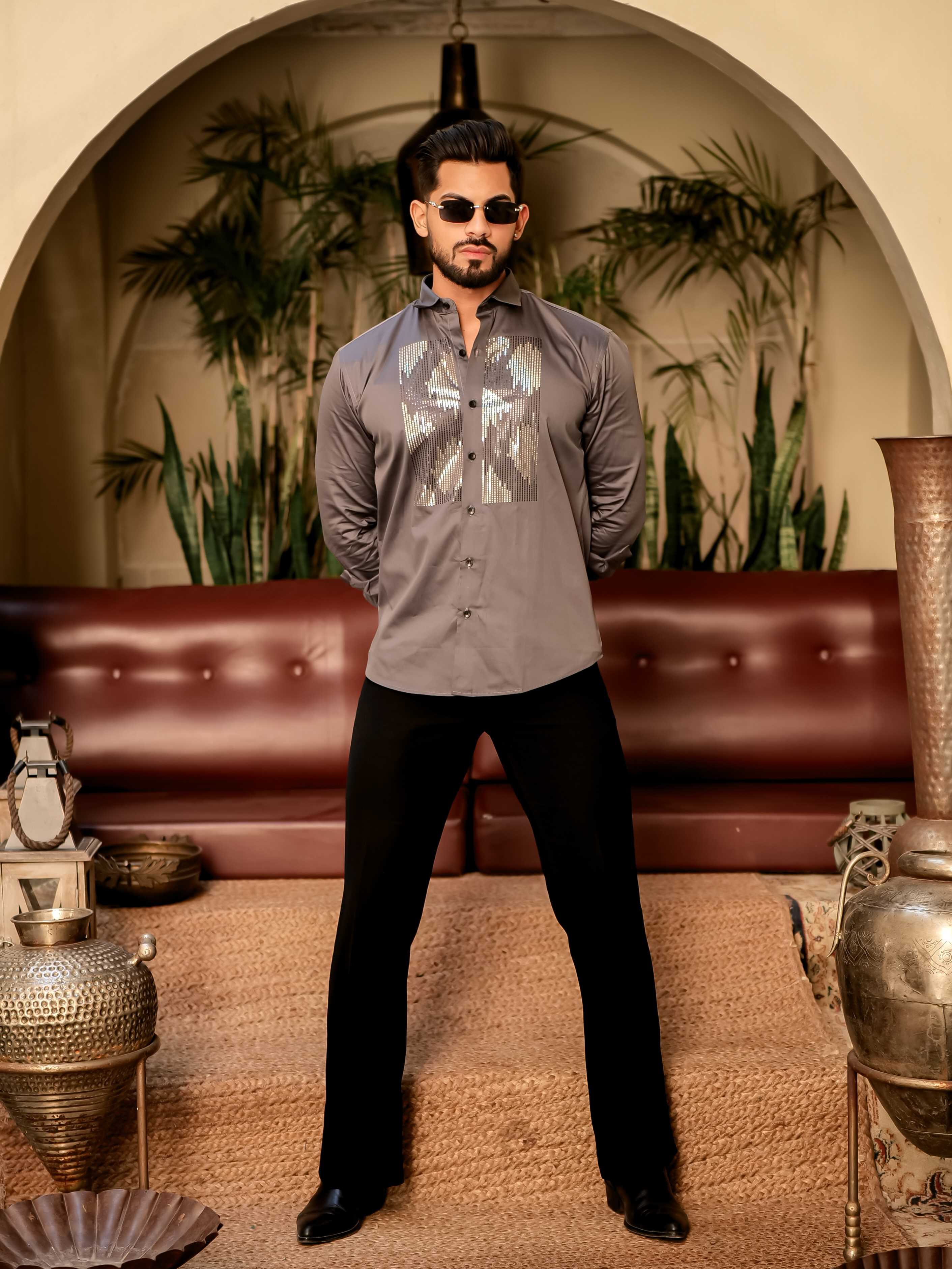 Dark Grey Sequence Club Wear Satin Cotton Party Shirt