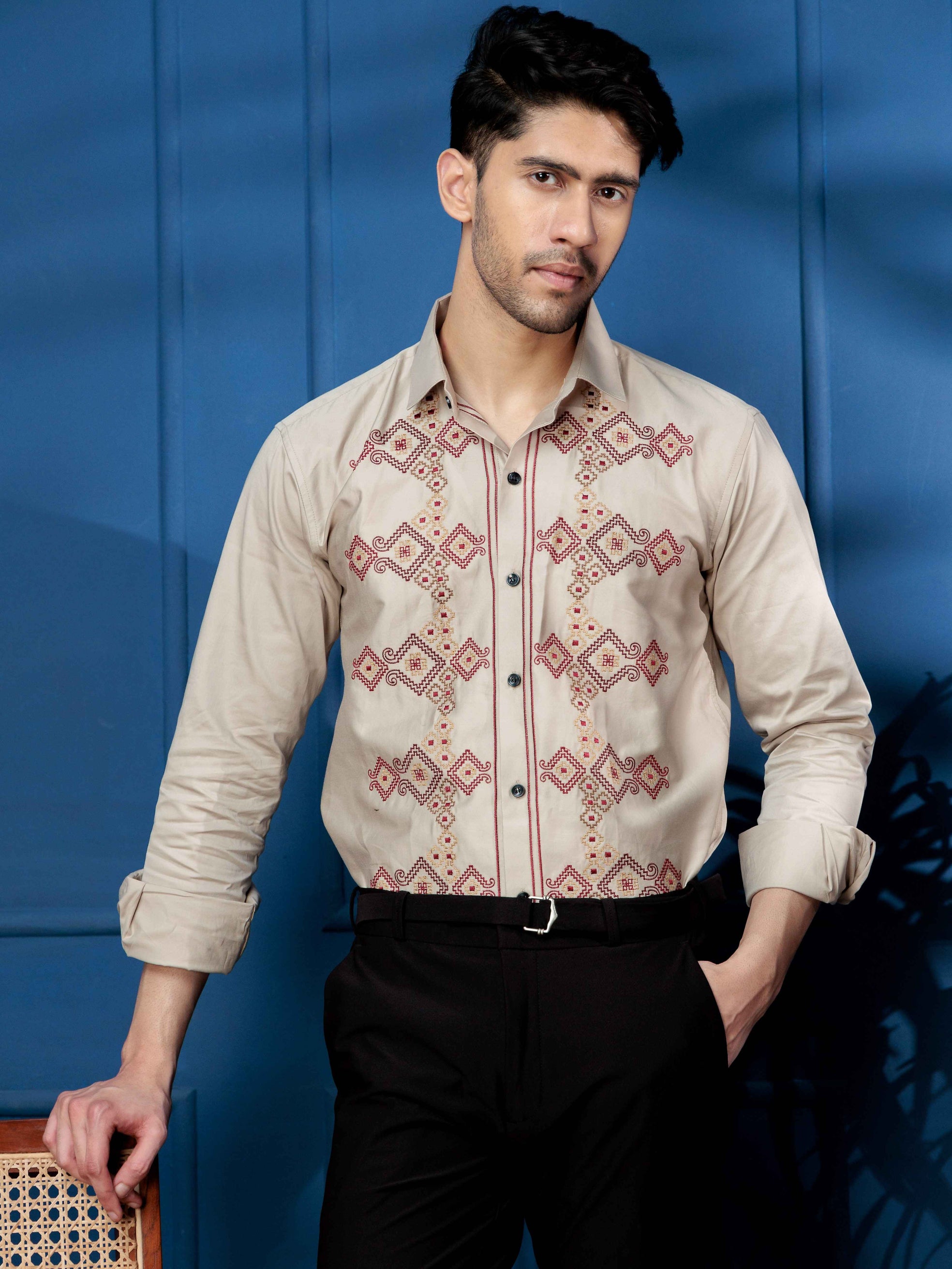 FOOMER BEIGE EMBROIDERED CLUB WEAR SATIN COTTON SHIRT