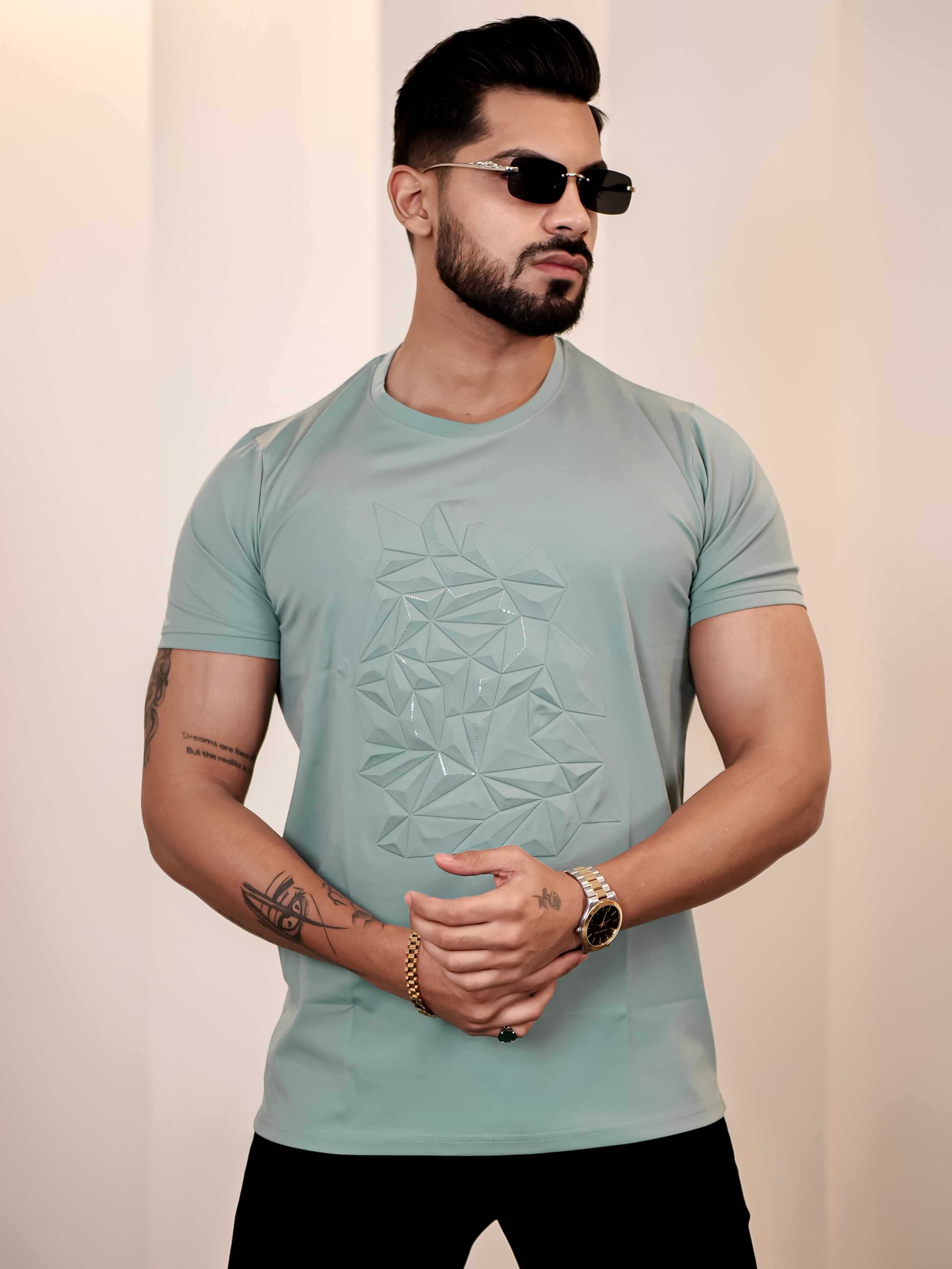 Light Green Round Neck Imported Cotton Half Sleeve Premium Designer T-Shirt