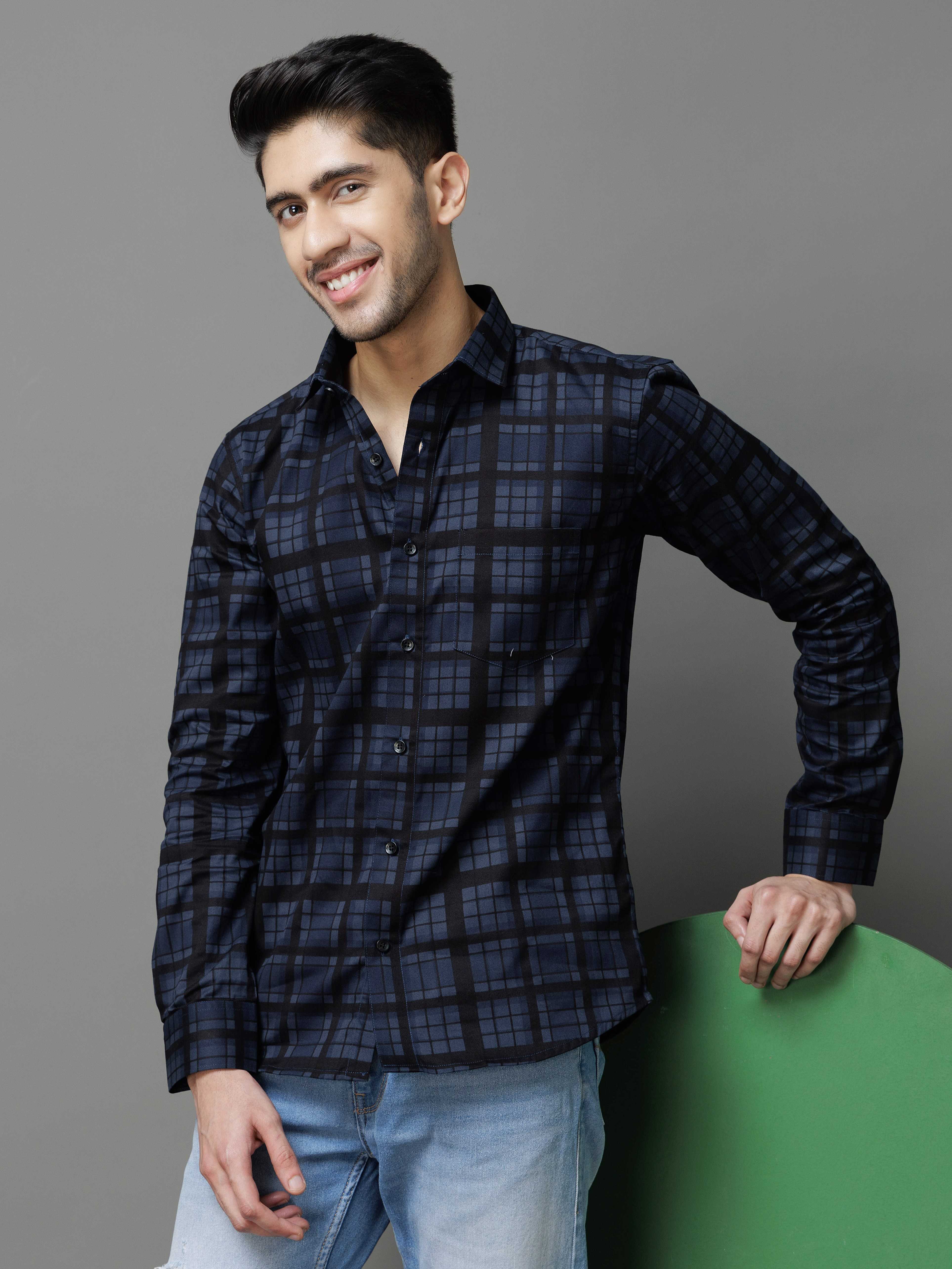 NAVY CHECKS PRINTED COTTON CASUAL SHIRT FOR MEN&#39;S