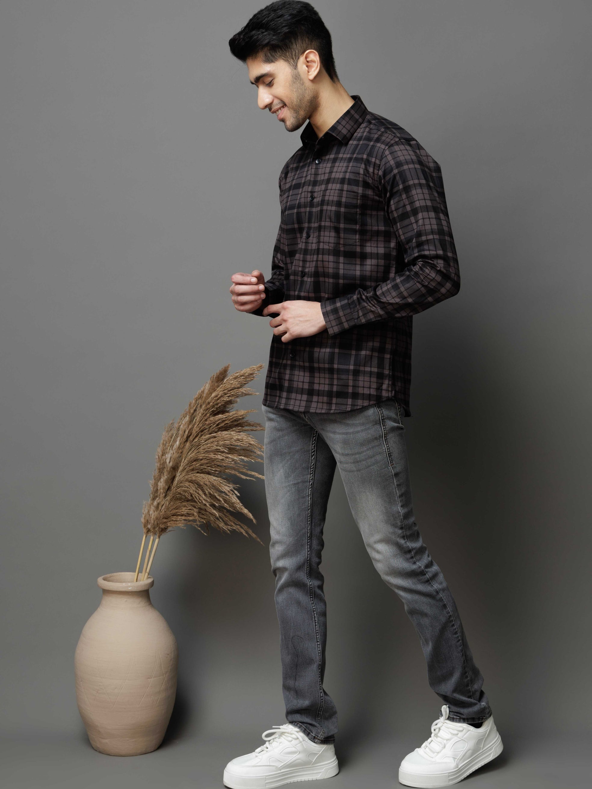 BLACK CHECKS PRINTED COTTON CASUAL SHIRT FOR MEN'S