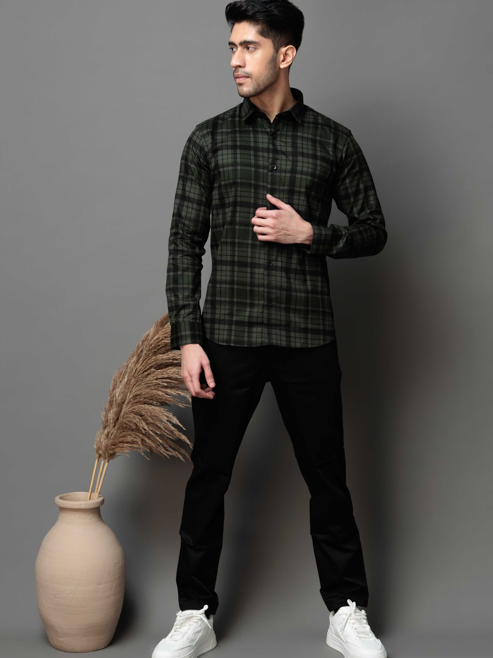 GREEN CHECKS PRINTED COTTON CASUAL SHIRT FOR MEN'S