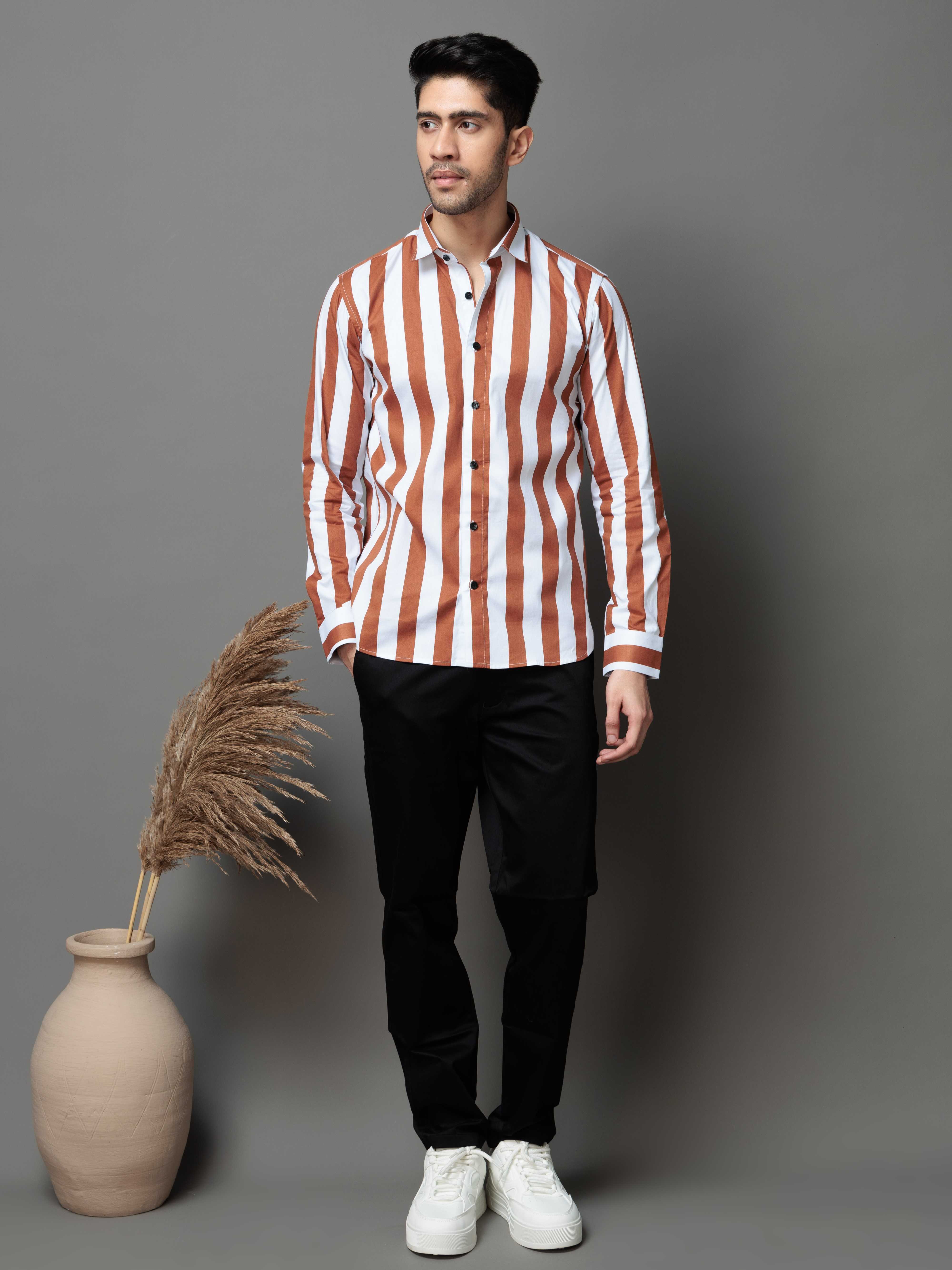 METALLIC ORANGE STRIPED COTTON CASUAL SHIRT