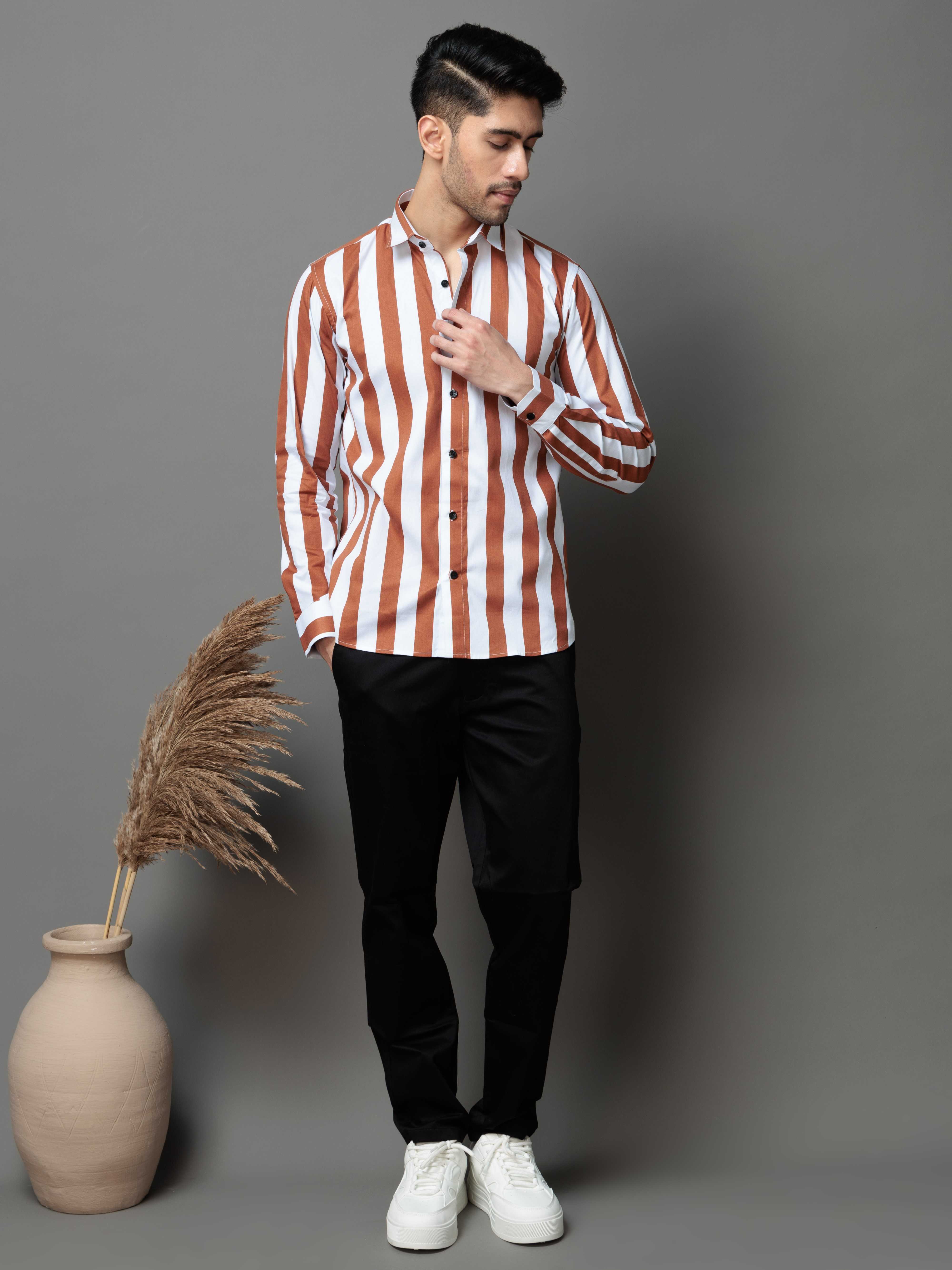 METALLIC ORANGE STRIPED COTTON CASUAL SHIRT