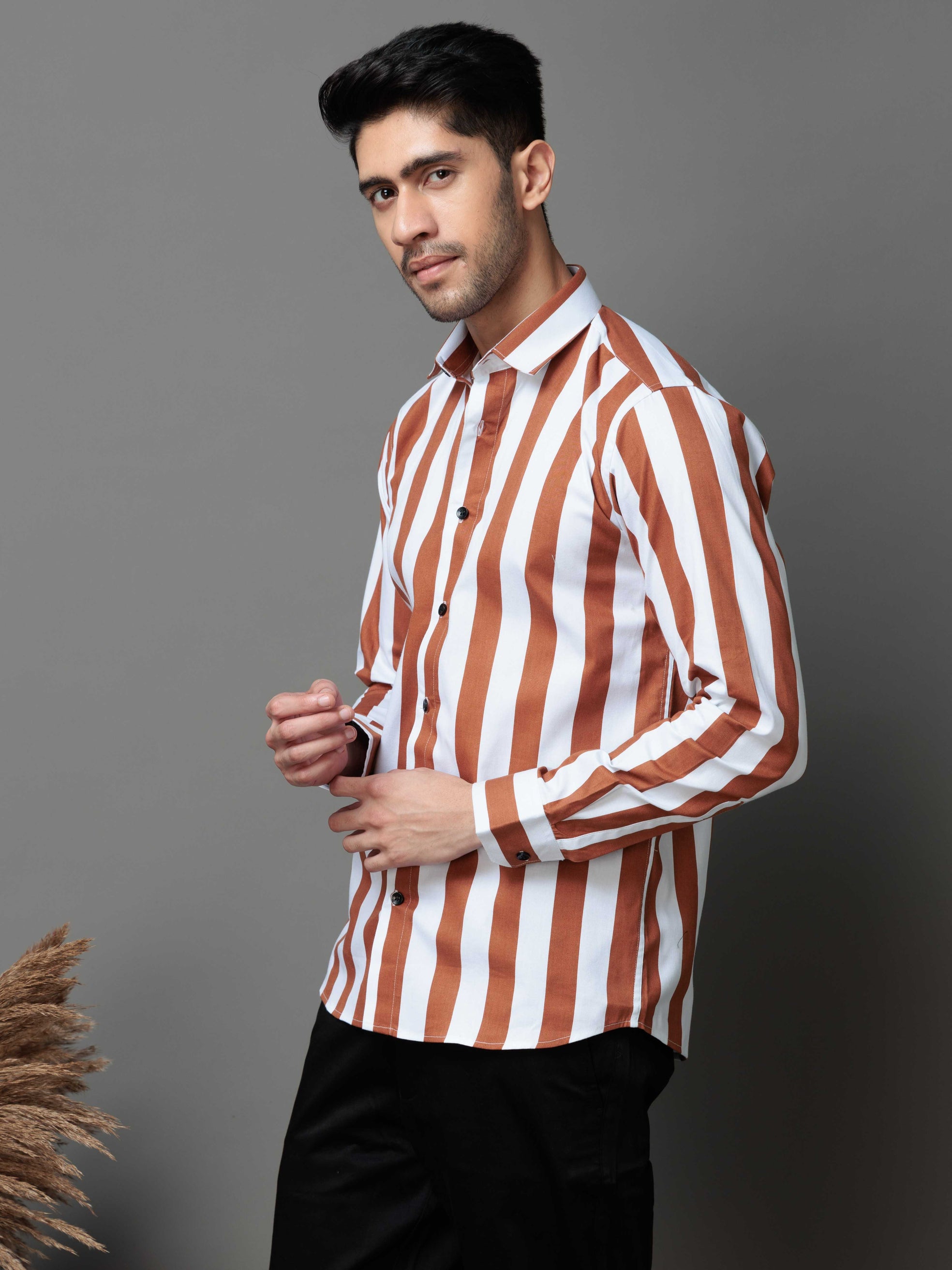 METALLIC ORANGE STRIPED COTTON CASUAL SHIRT
