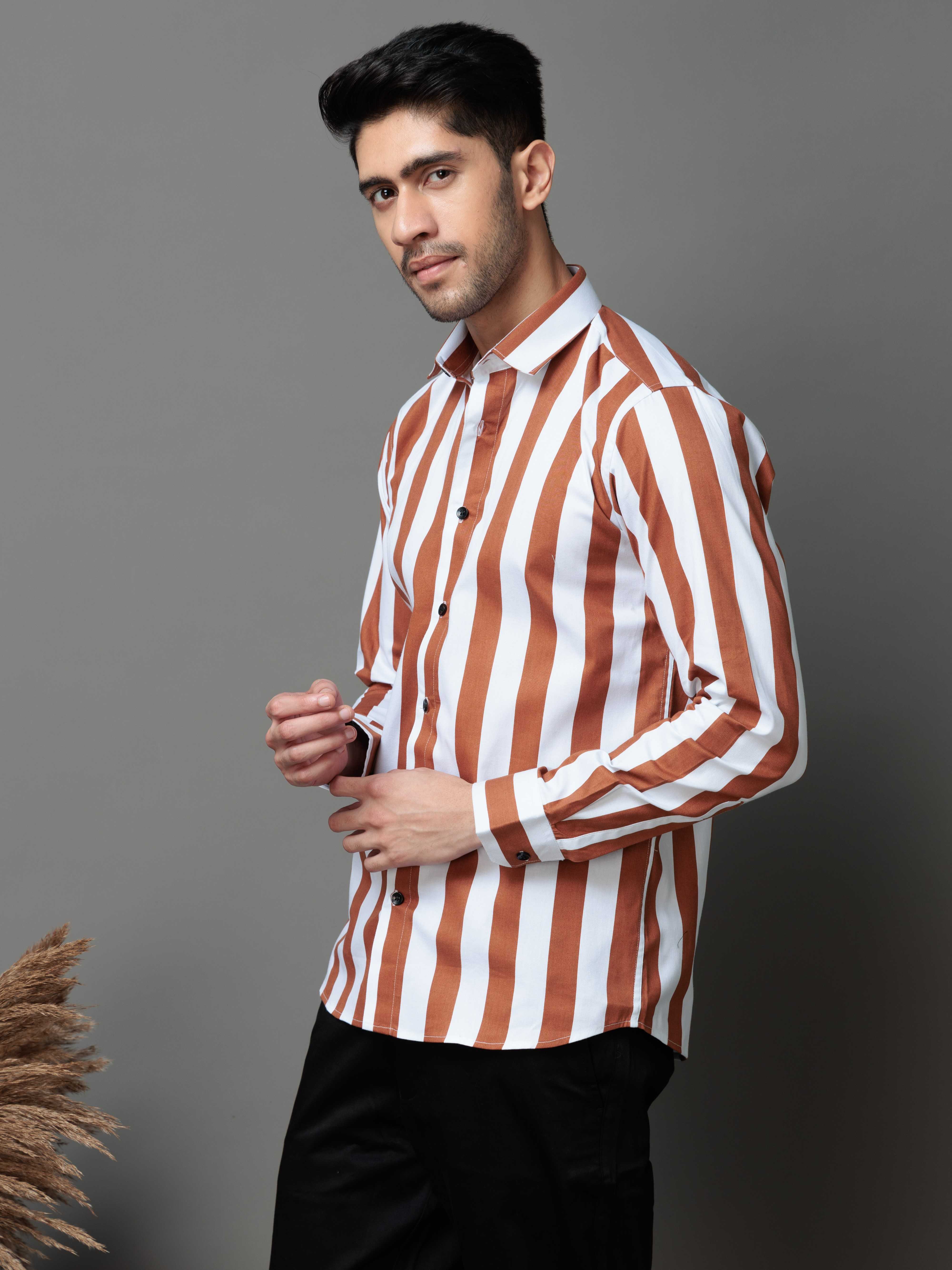 METALLIC ORANGE STRIPED COTTON CASUAL SHIRT