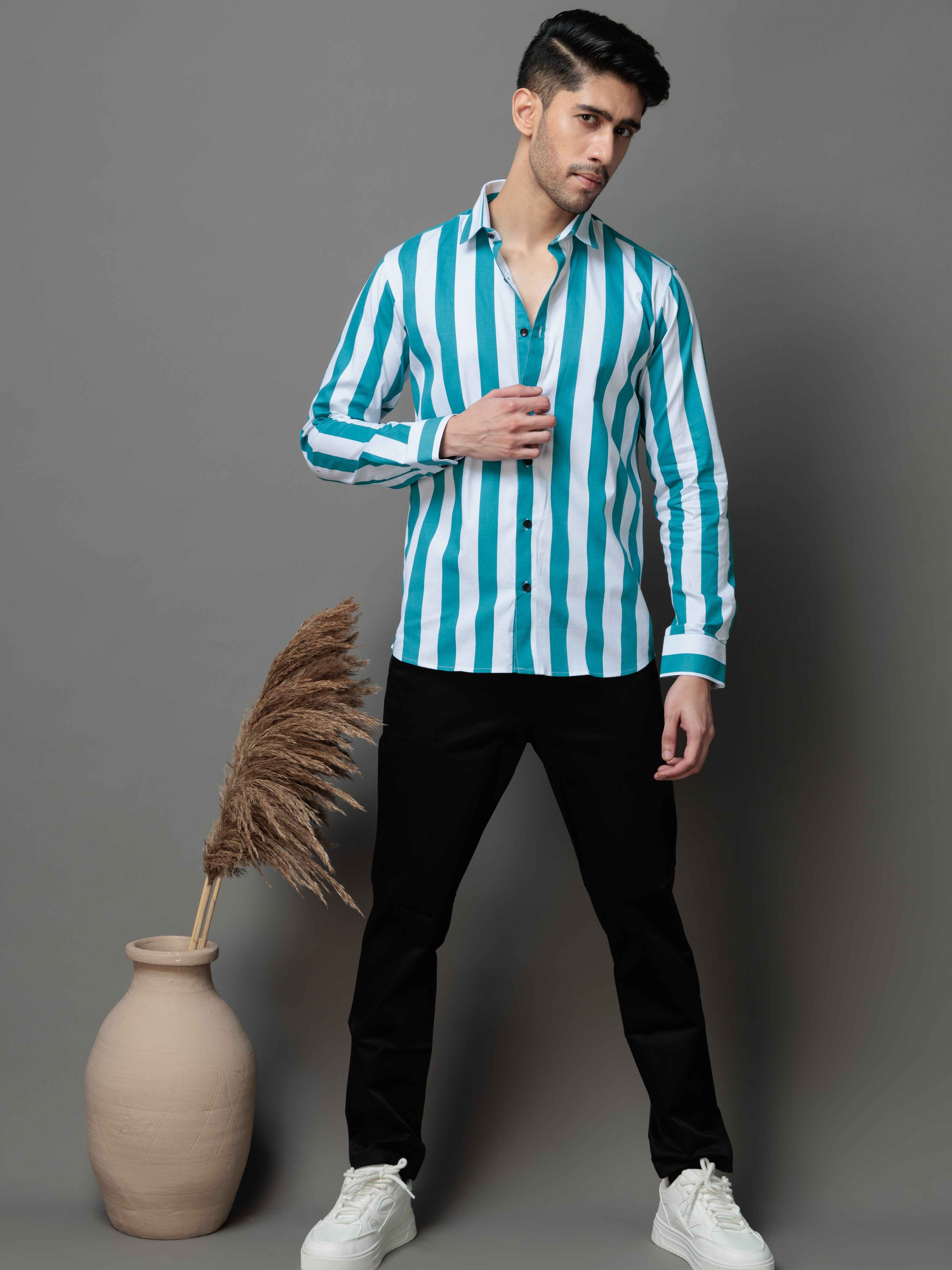 METALLIC SKY STRIPED COTTON CASUAL SHIRT