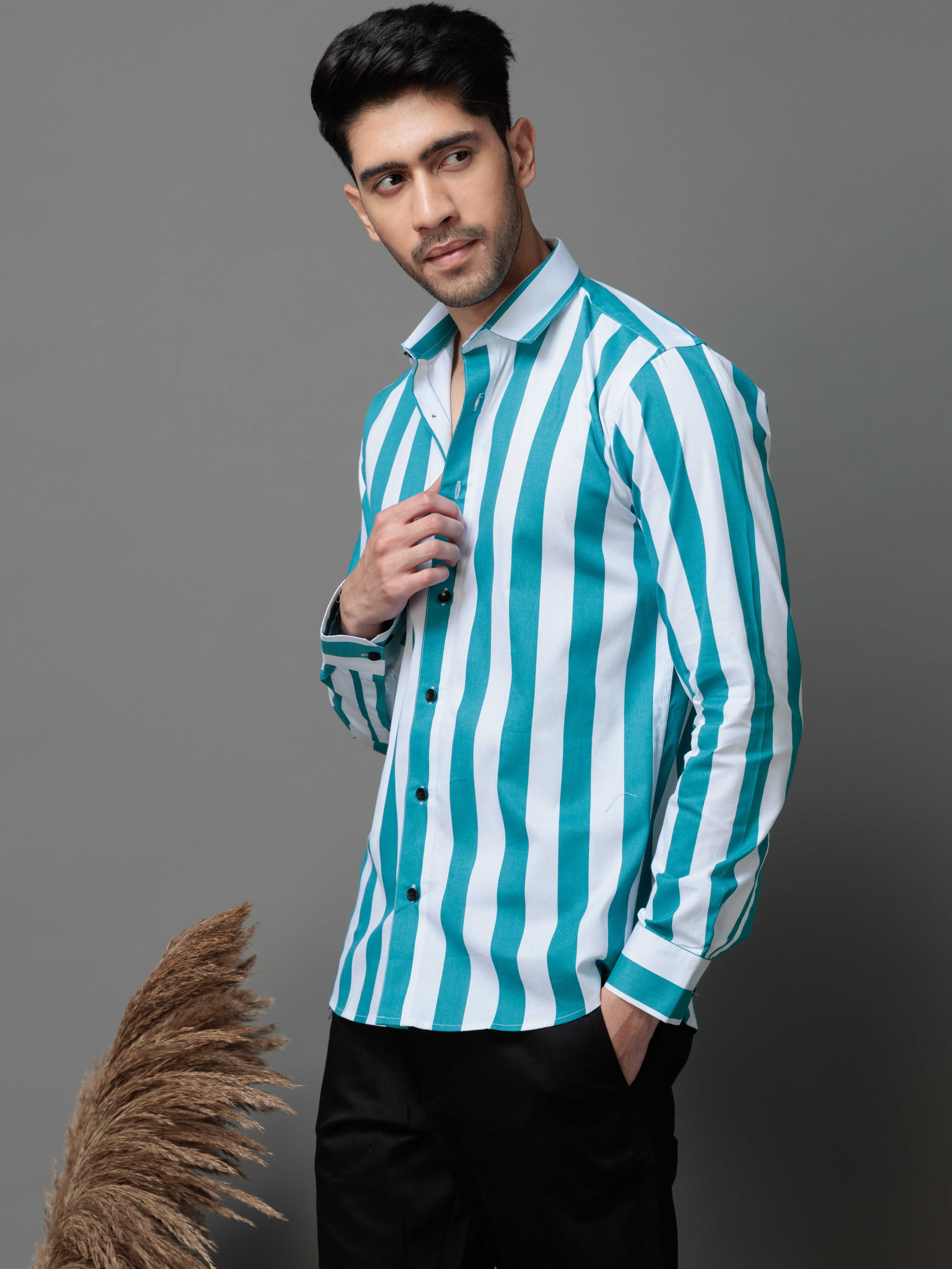 METALLIC SKY STRIPED COTTON CASUAL SHIRT
