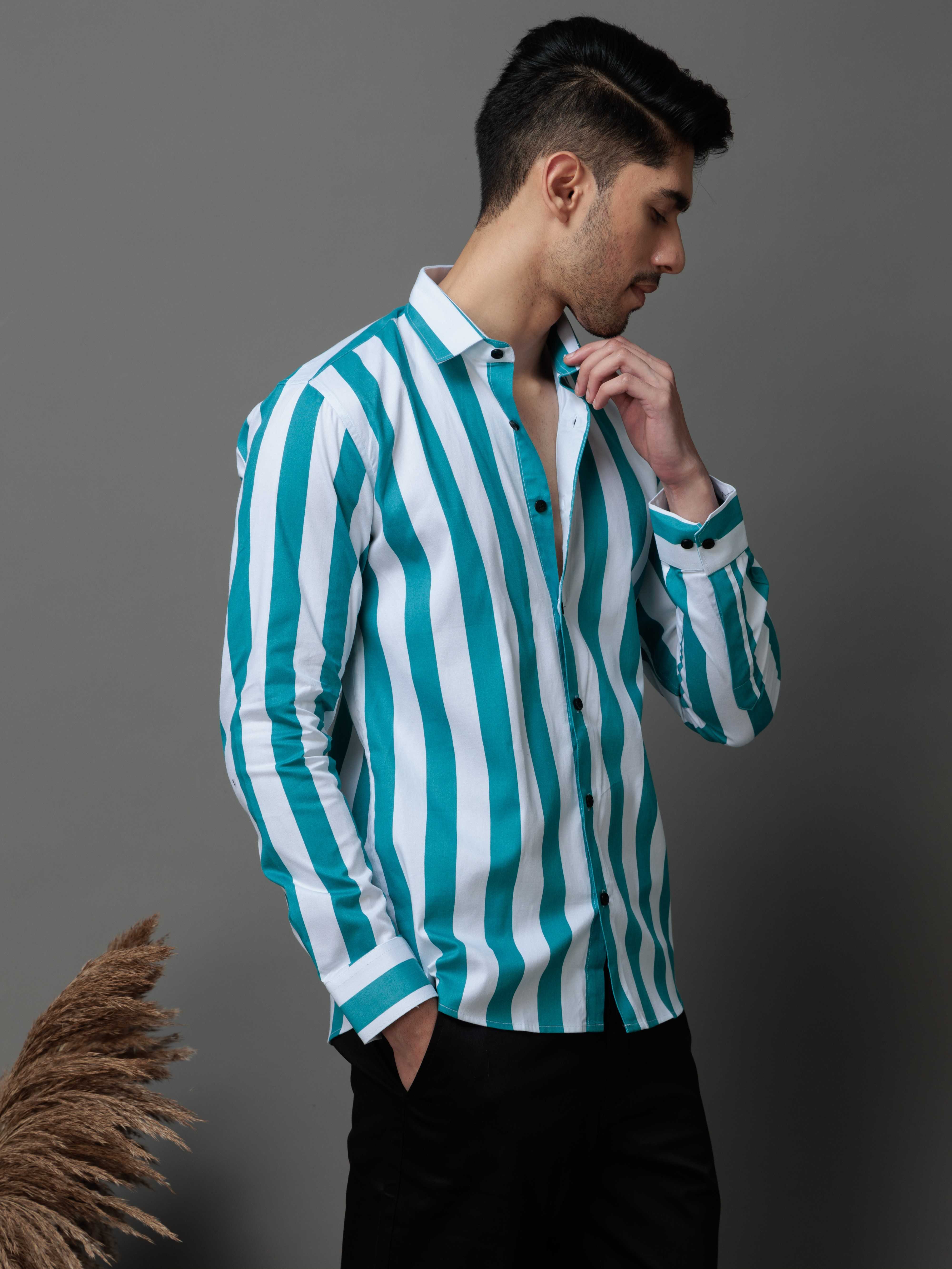 METALLIC SKY STRIPED COTTON CASUAL SHIRT