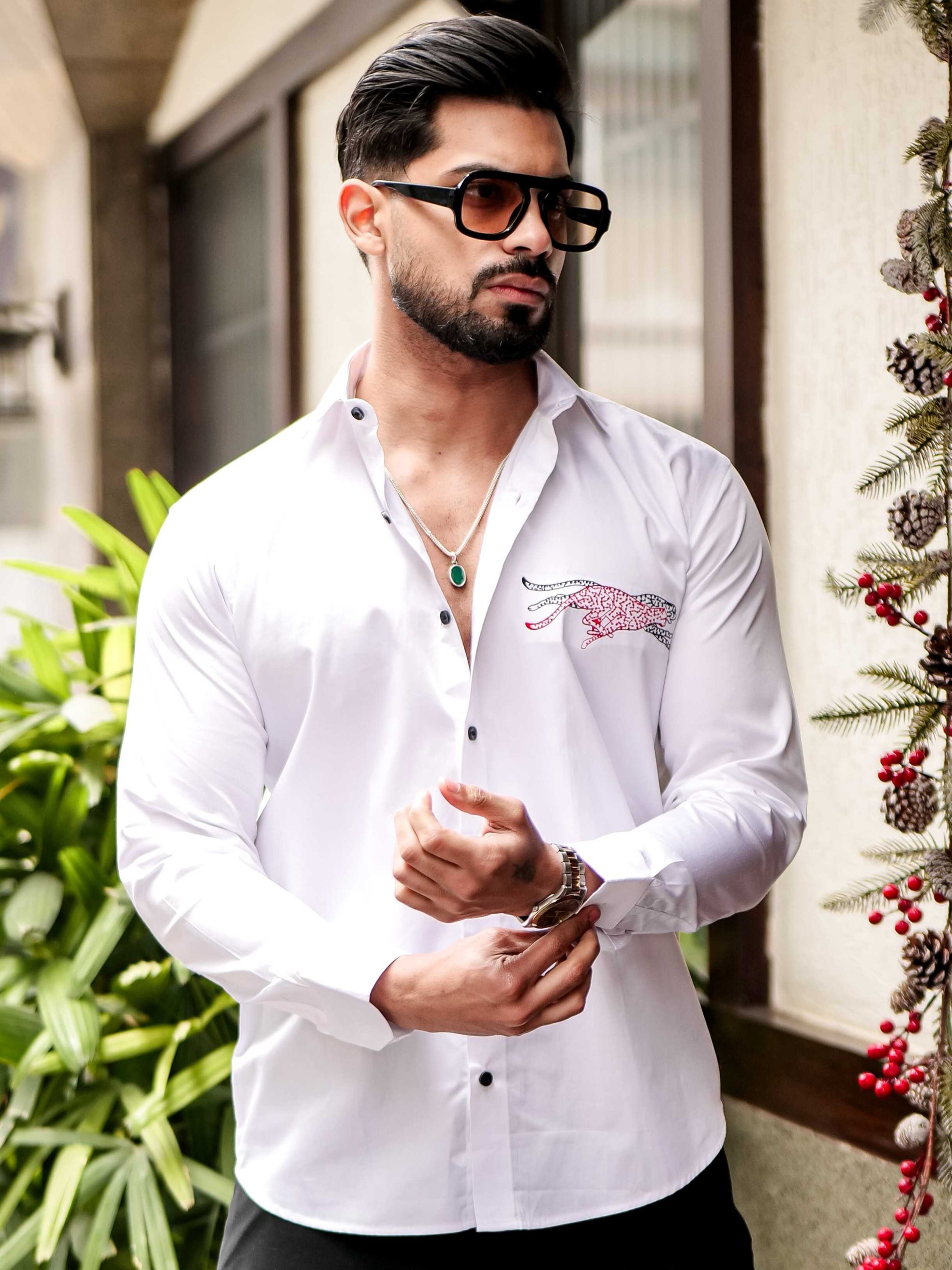 WHITE CLUB WEAR EMBROIDERY SATIN COTTON MEN'S SHIRT