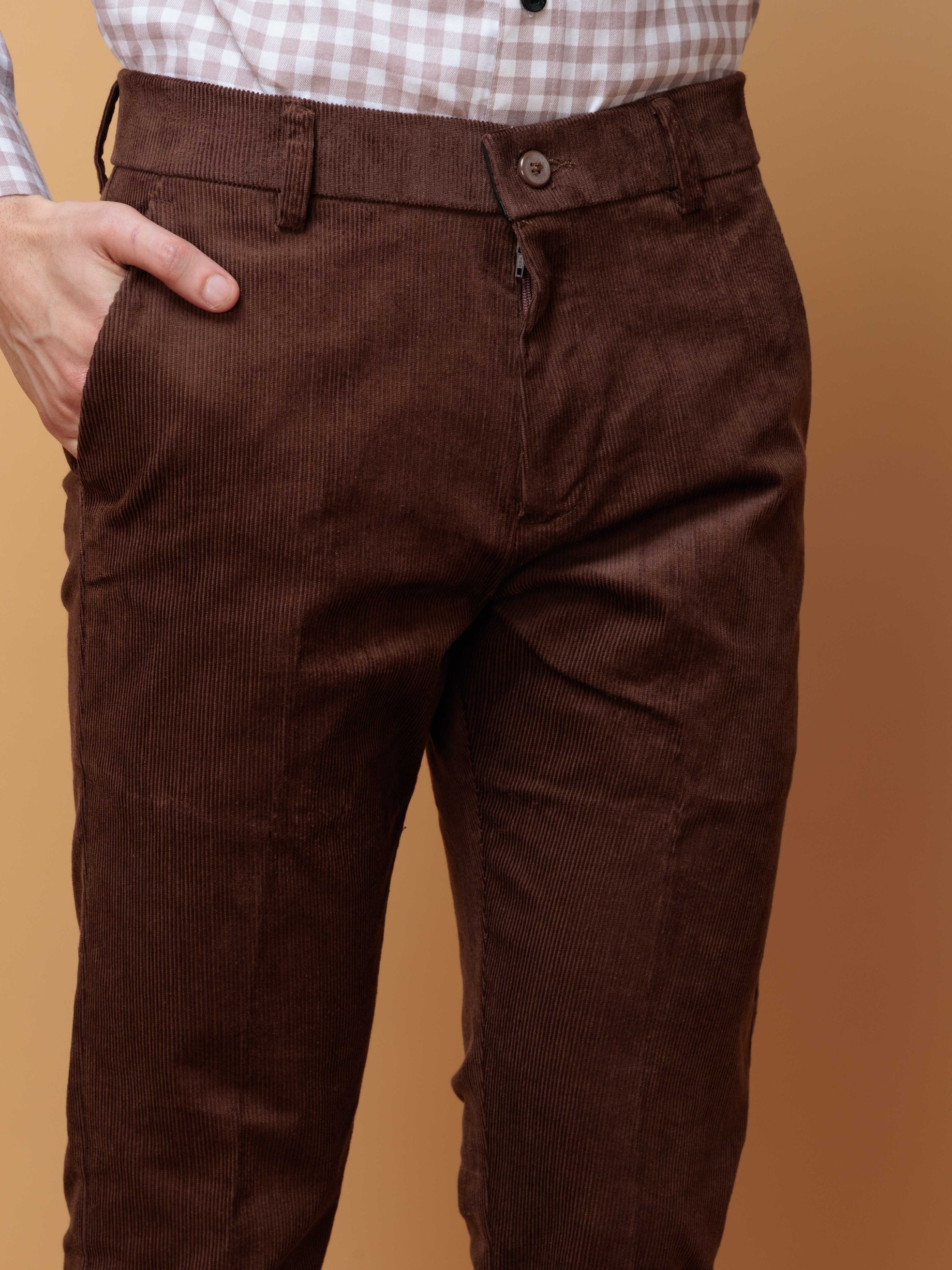 BROWN CORDUROY RELAXED FIT TROUSERS FOR MEN'S