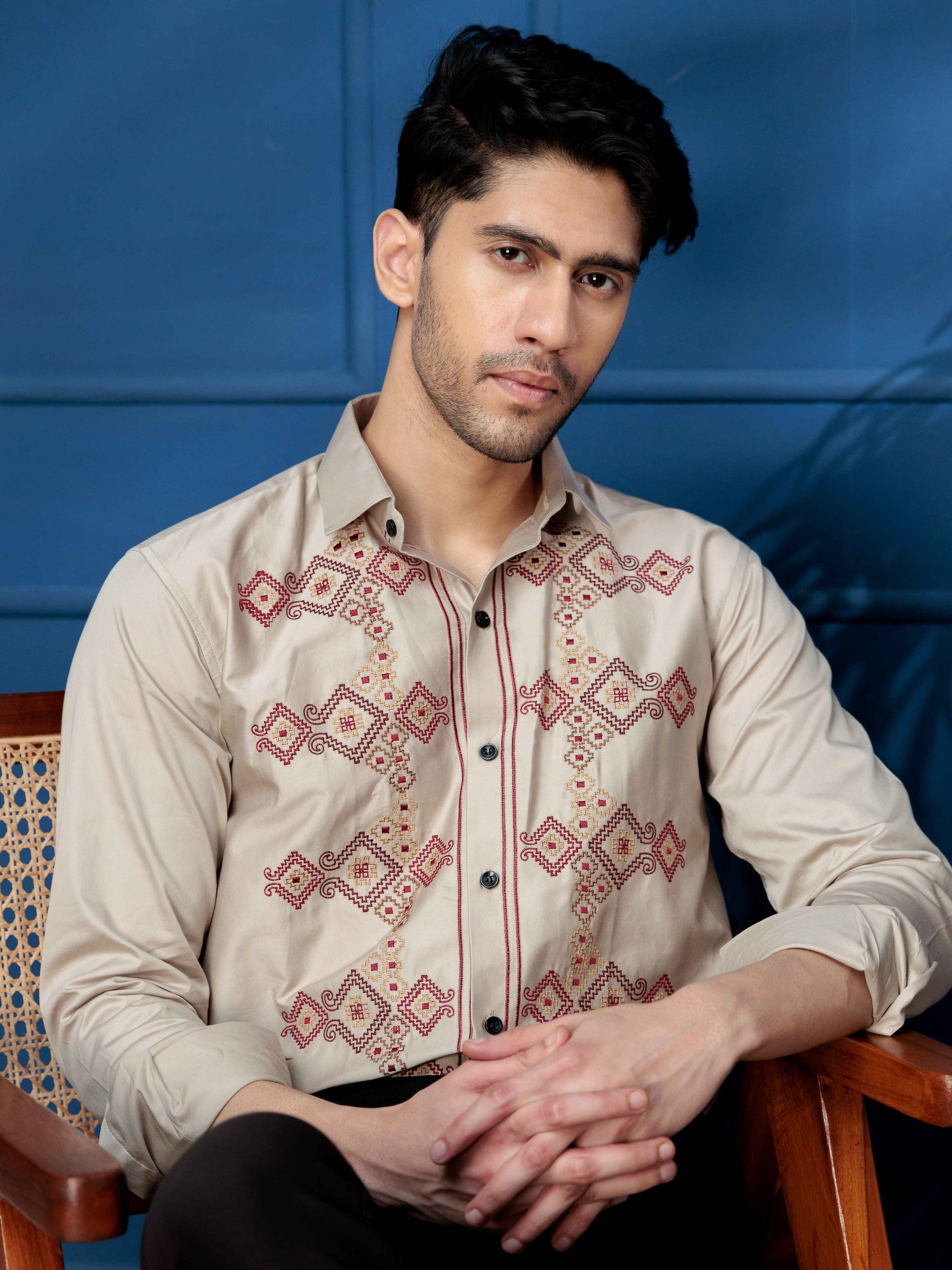 FOOMER BEIGE EMBROIDERED CLUB WEAR SATIN COTTON SHIRT