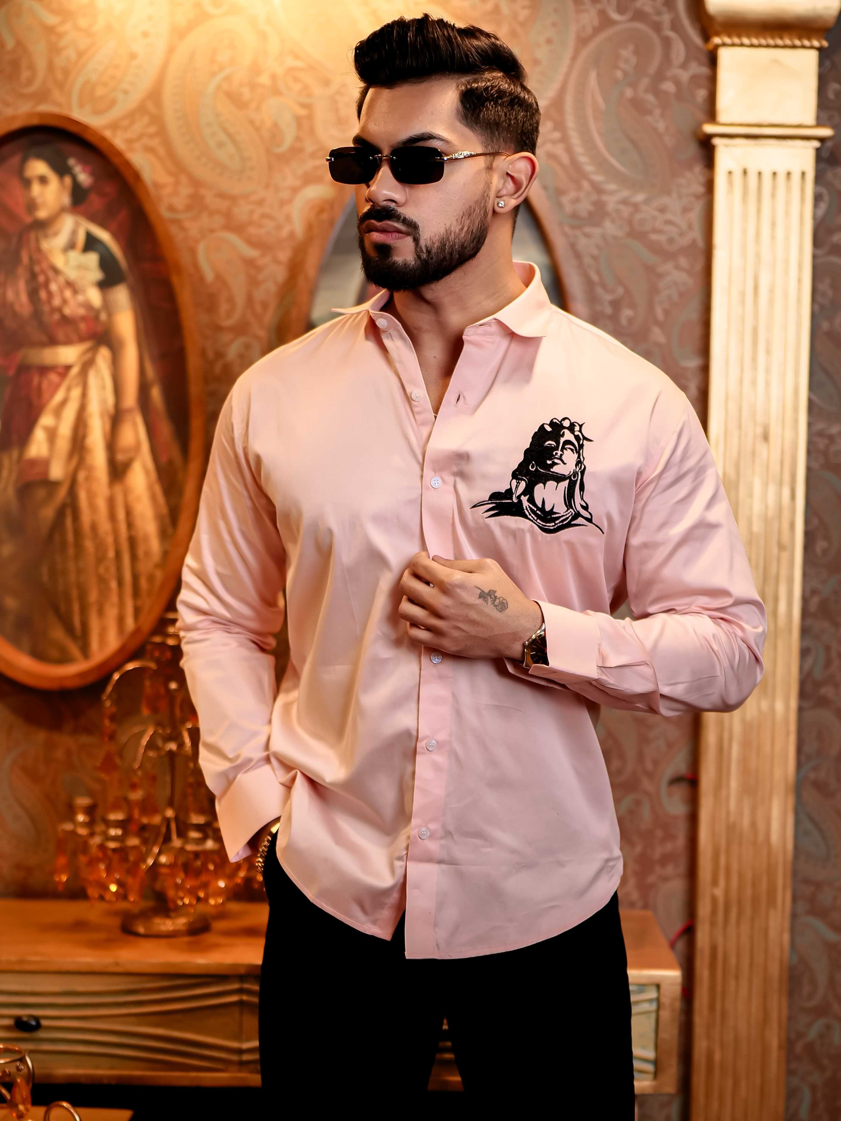 Adiyogi Shiva Pink Embroidered Designer Satin Cotton Shirt