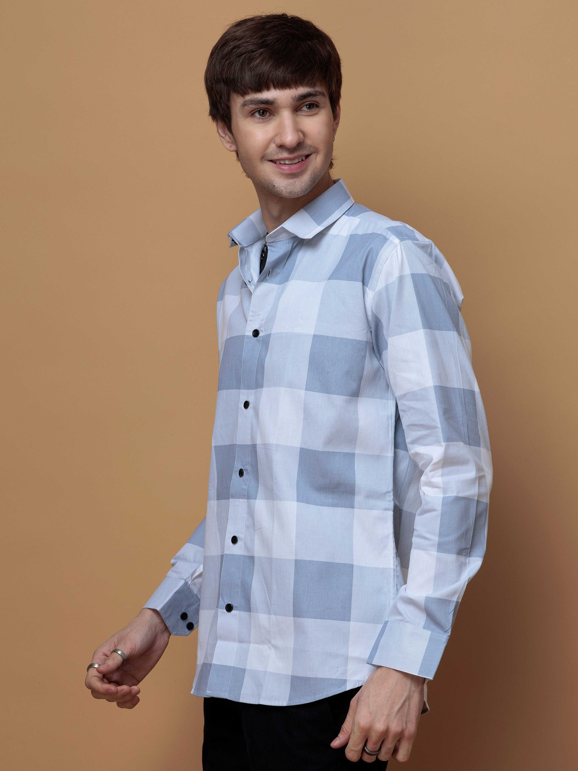 FOOMER GREY CHECKED COTTON CASUAL SHIRT FOR MEN'S