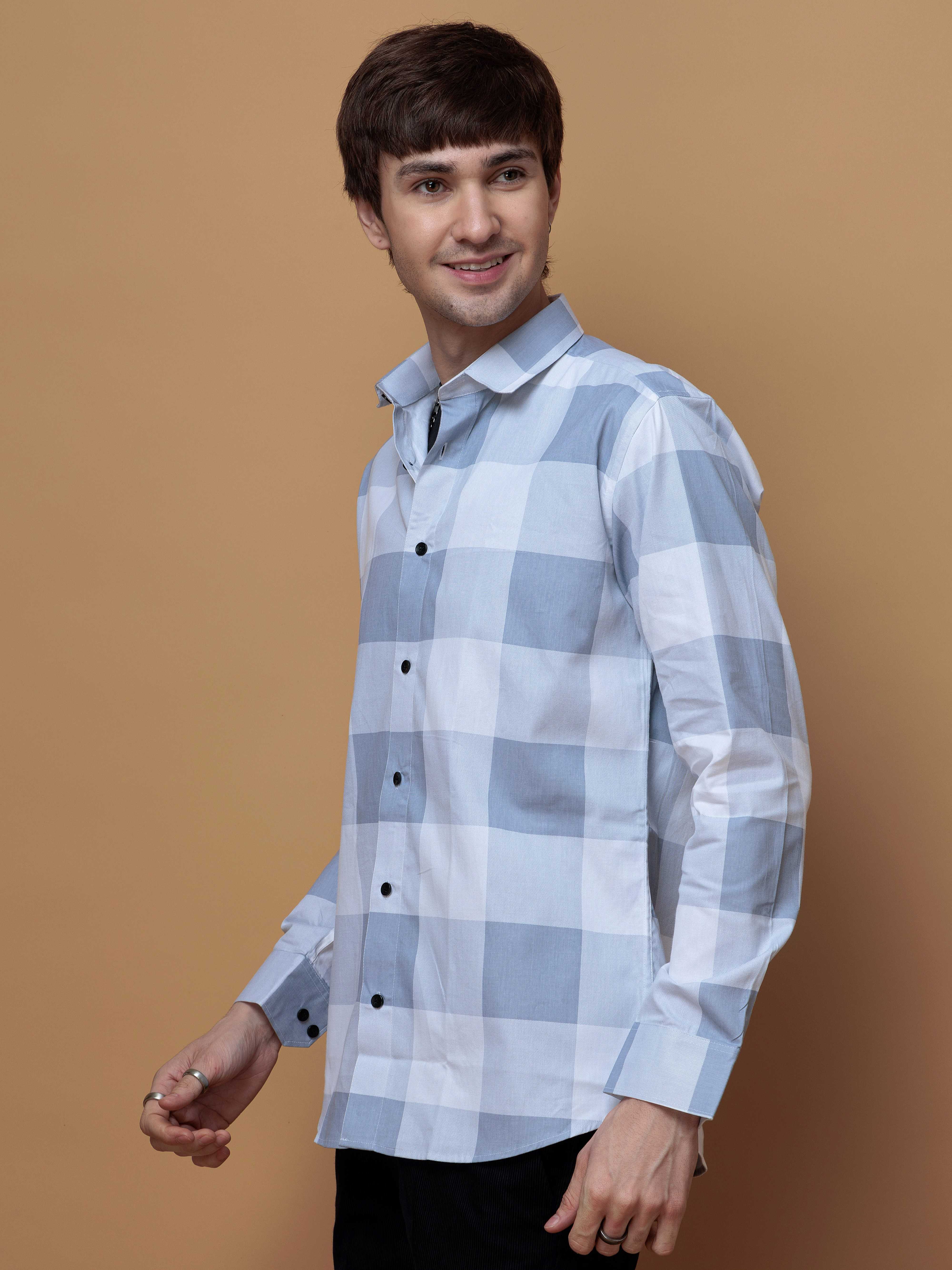 FOOMER GREY CHECKED COTTON CASUAL SHIRT FOR MEN&#39;S