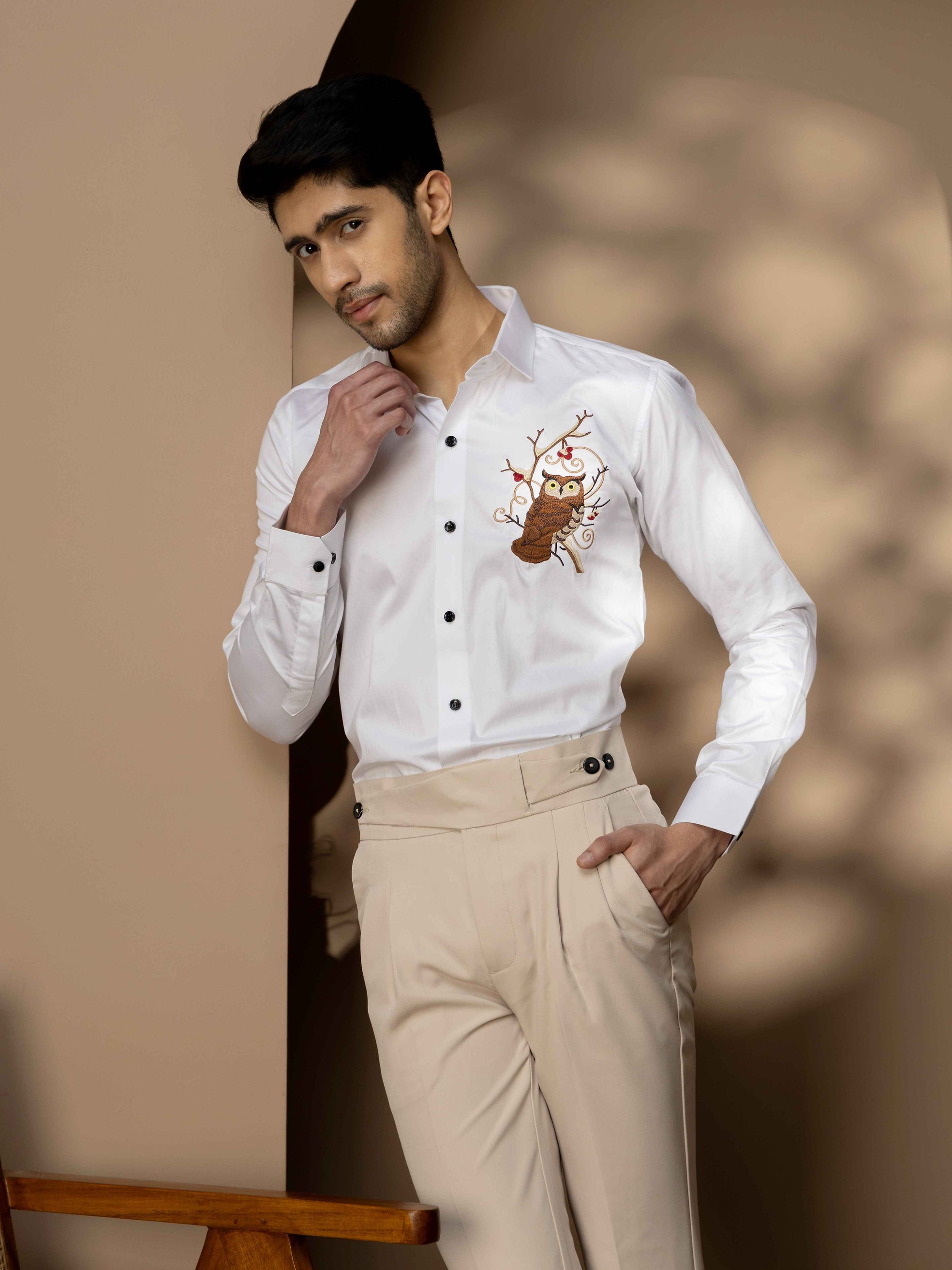 FOOMER WHITE OWL EMBROIDERED CLUB WEAR SATIN COTTON SHIRT