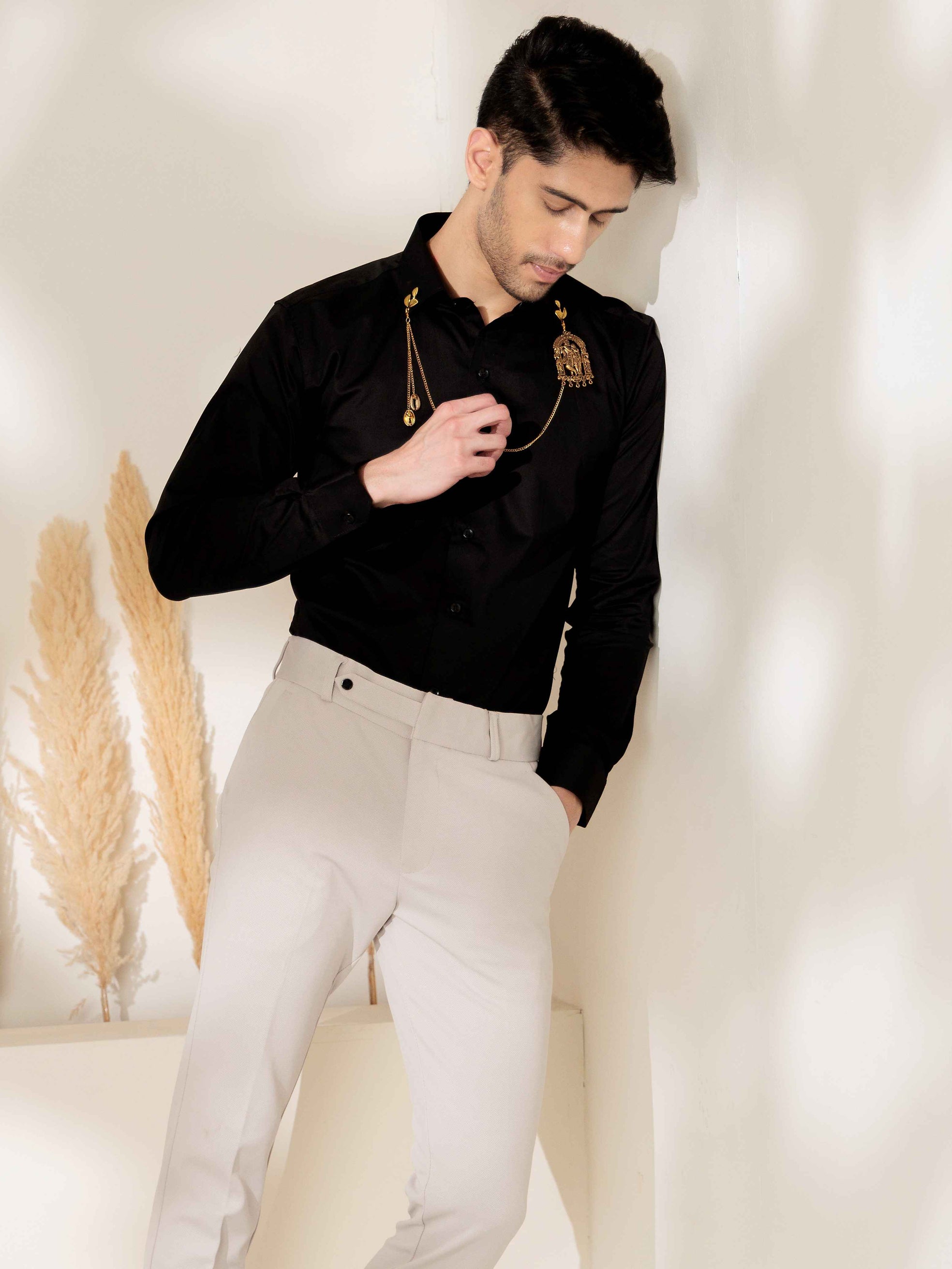 FOOMER RADHEKRISHNA BLACK DESIGNER SATIN COTTON SHIRT