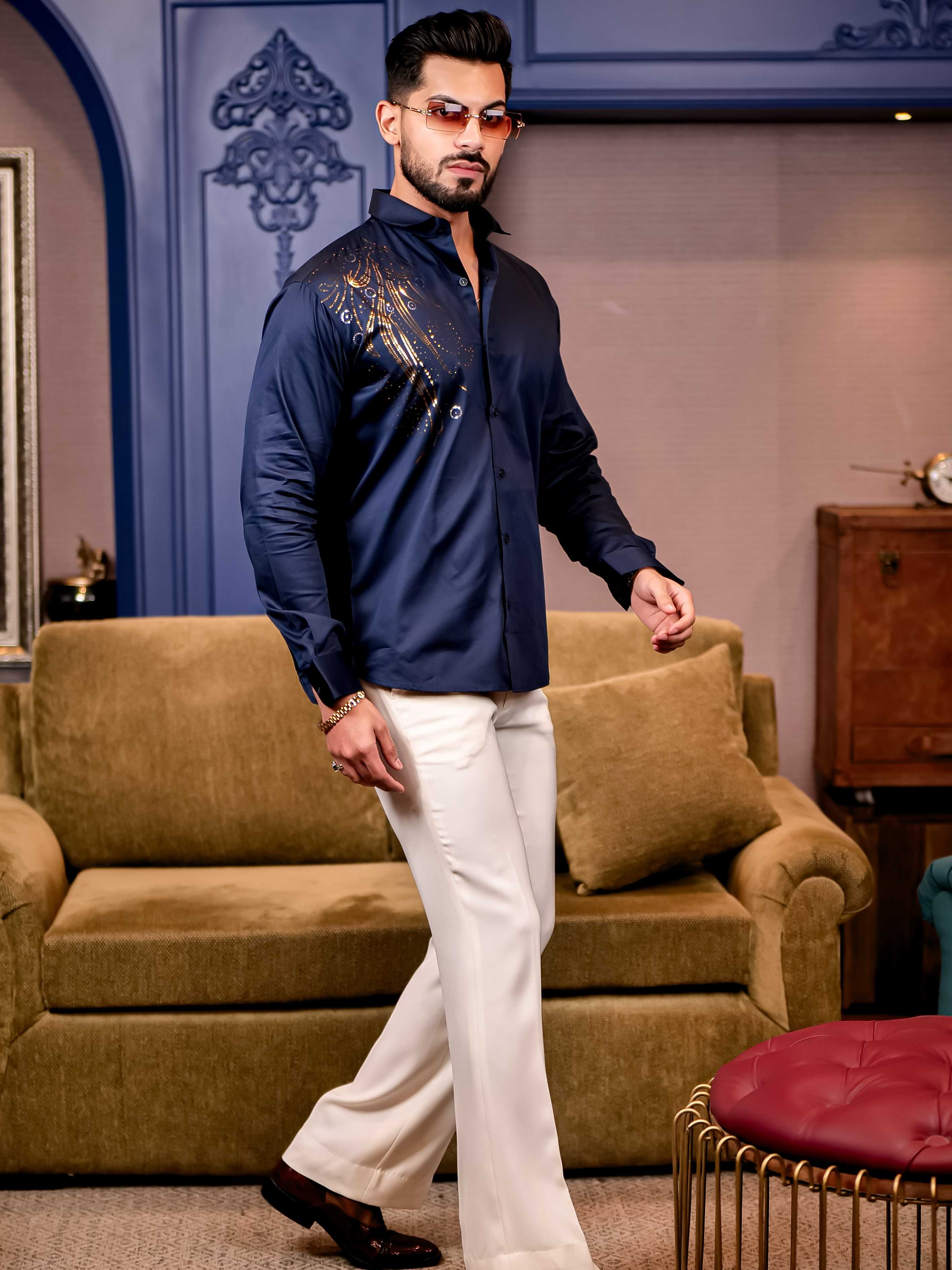 Navy Sequence Club Wear Satin Cotton Party Shirt