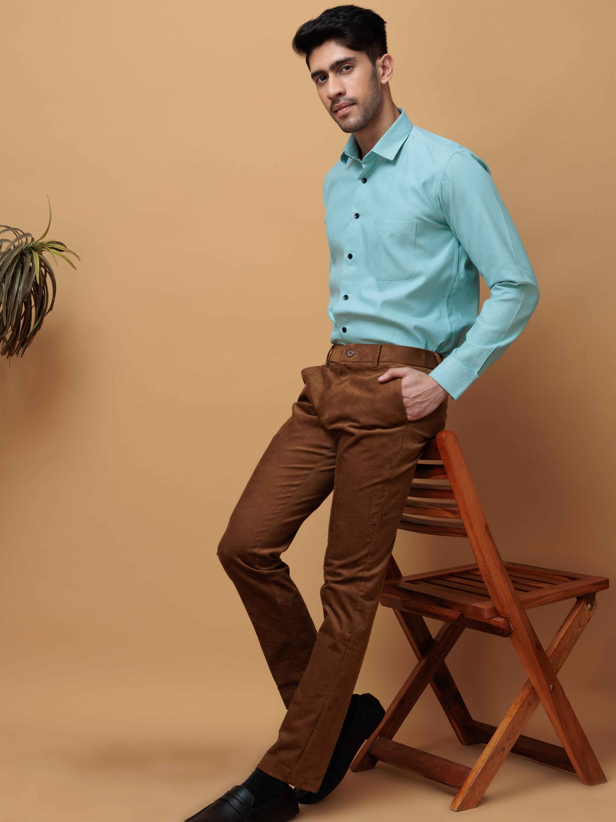 FORMAL CYAN PLAIN OXFORD COTTON CASUAL SHIRT FOR MEN'S