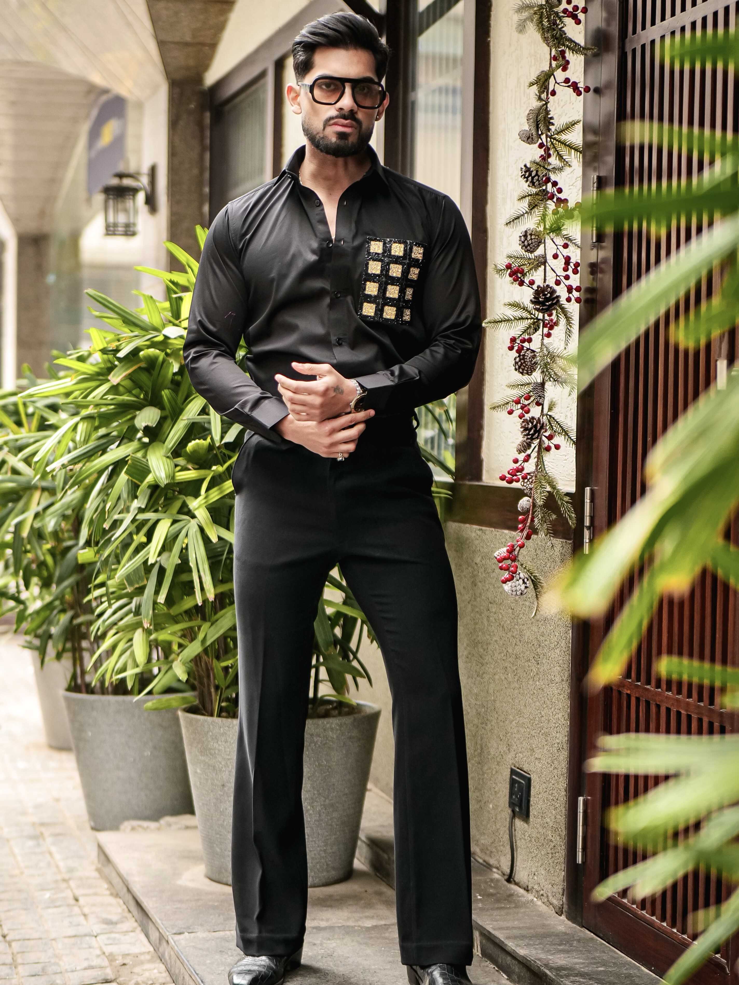 BLACK CLUB WEAR BOX PRINTED SATIN COTTON MEN'S SHIRT