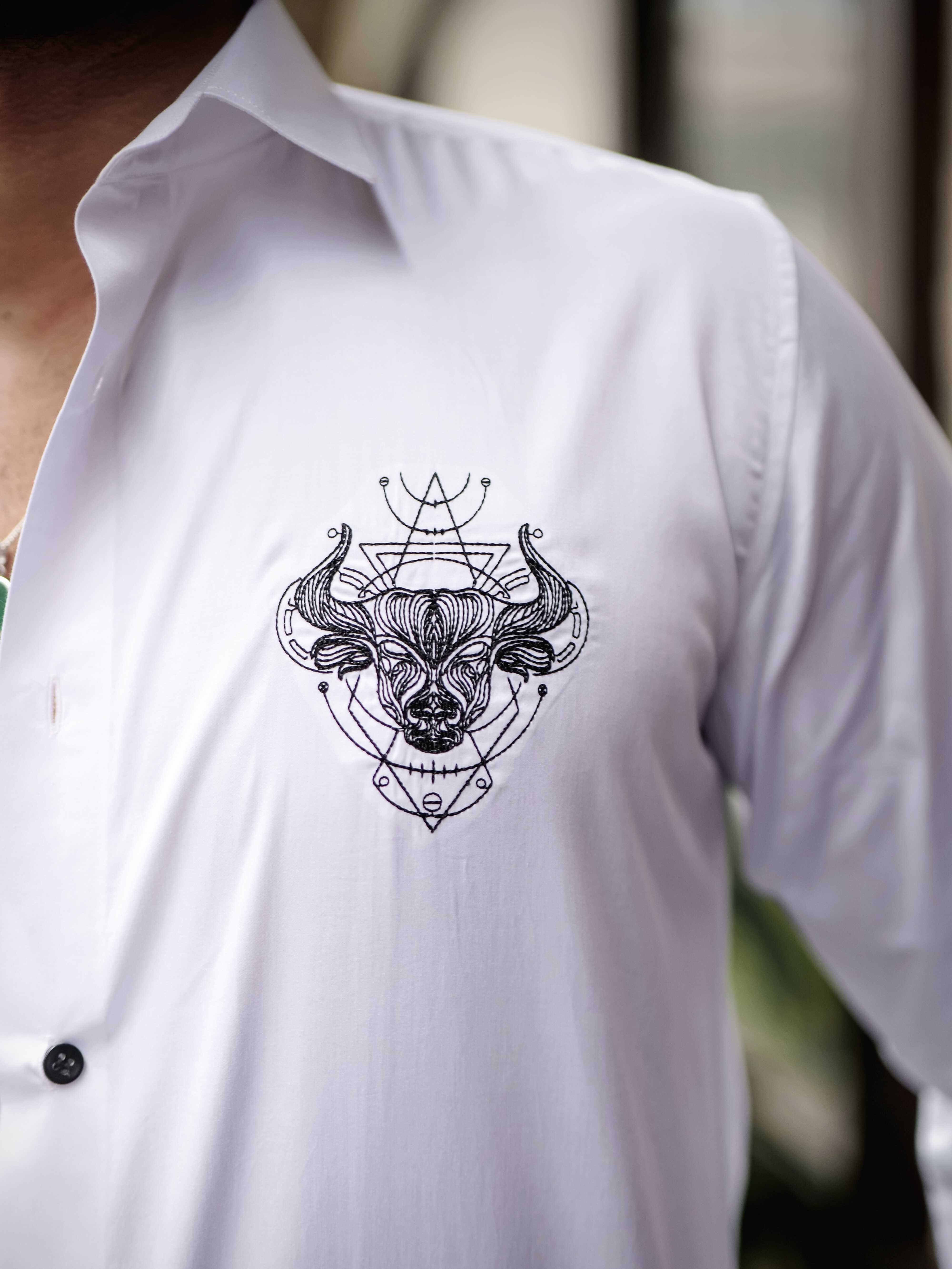 WHITE EMBROIDERED DESIGNER SATIN COTTON SHIRT FOR MEN'S