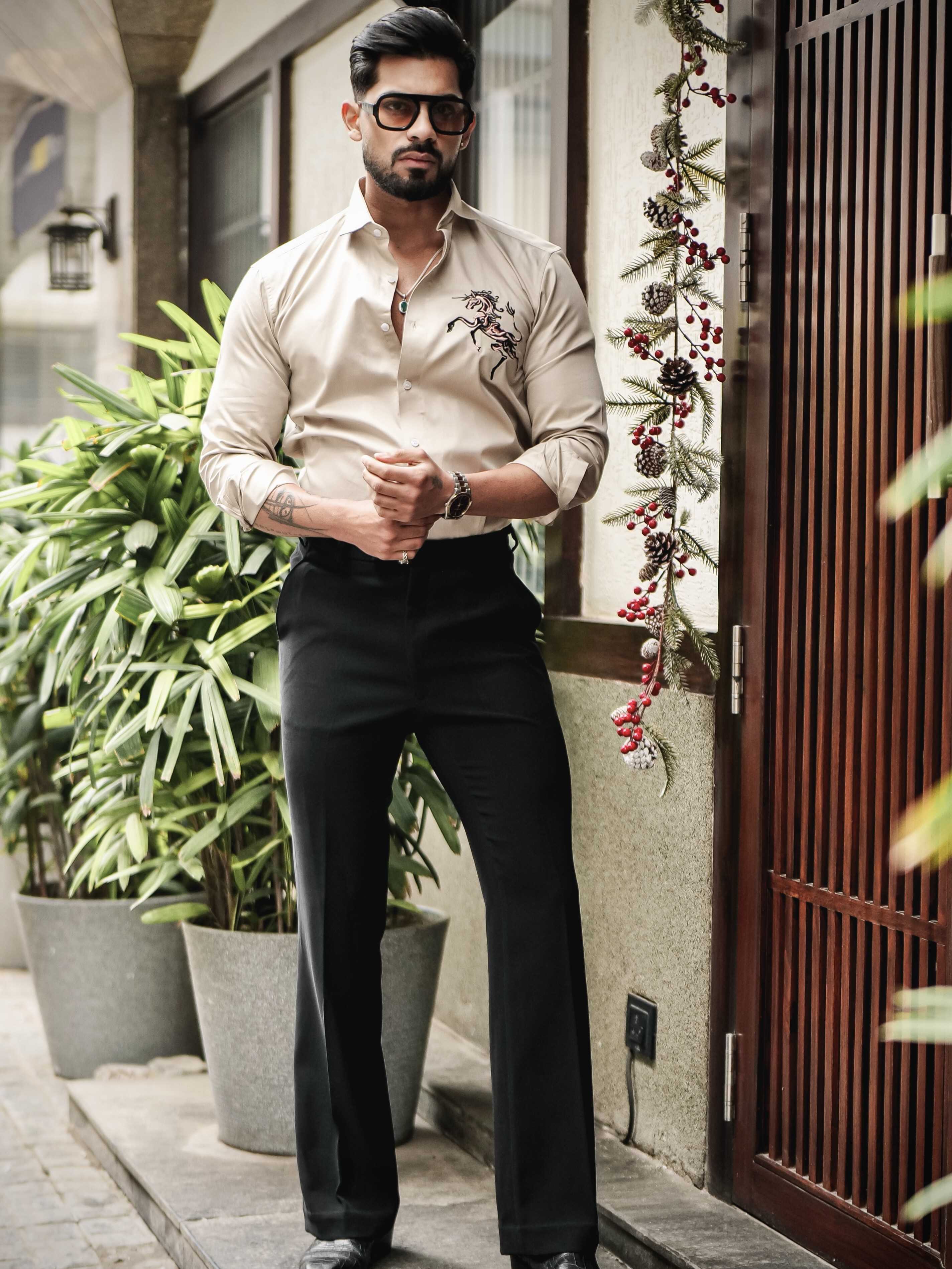 FOOMER CREAM EMBROIDERED DESIGNER SHIRT FOR MEN'S