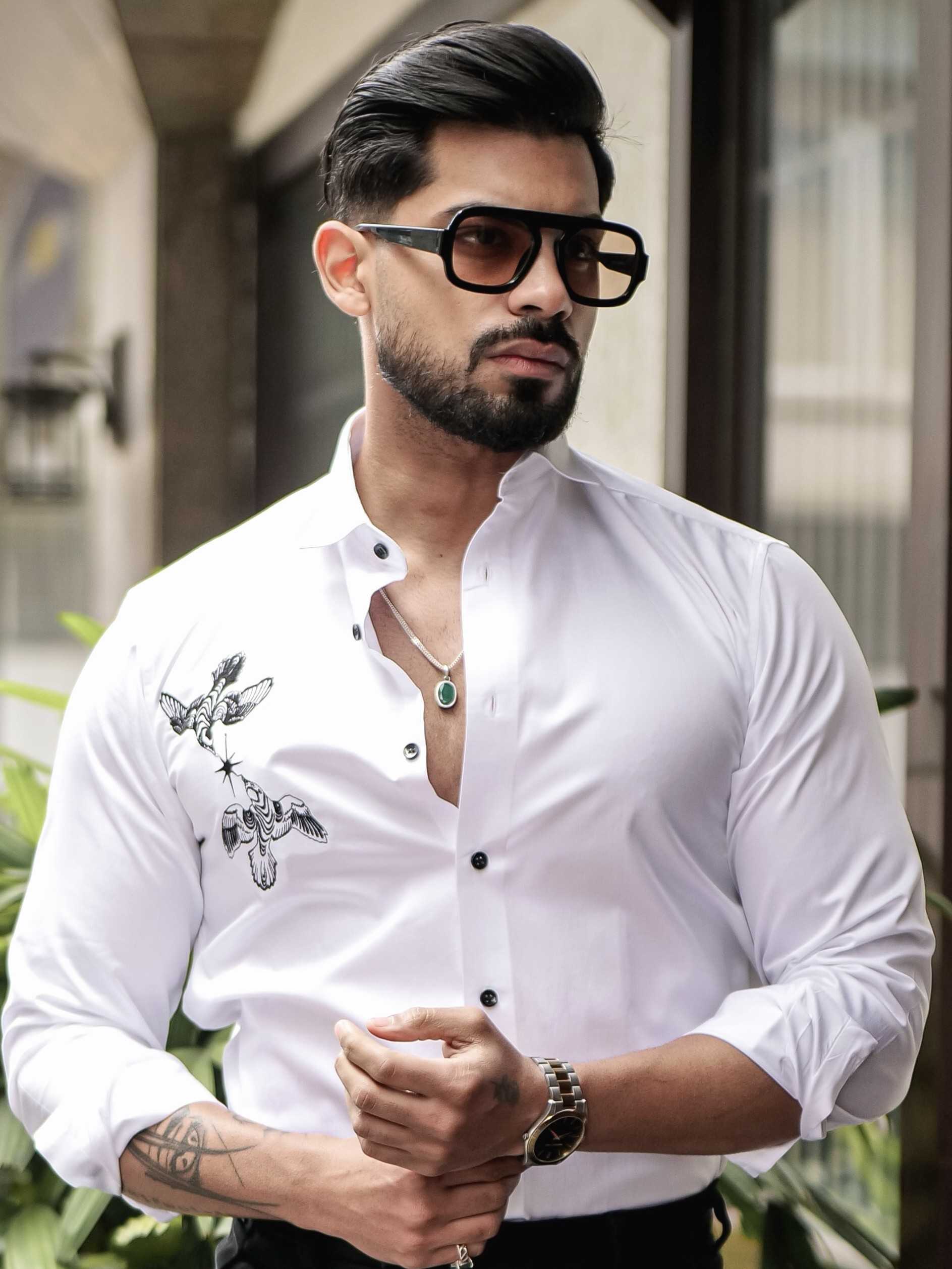 WHITE CLUB WEAR EMBROIDERY SATIN COTTON SHIRT