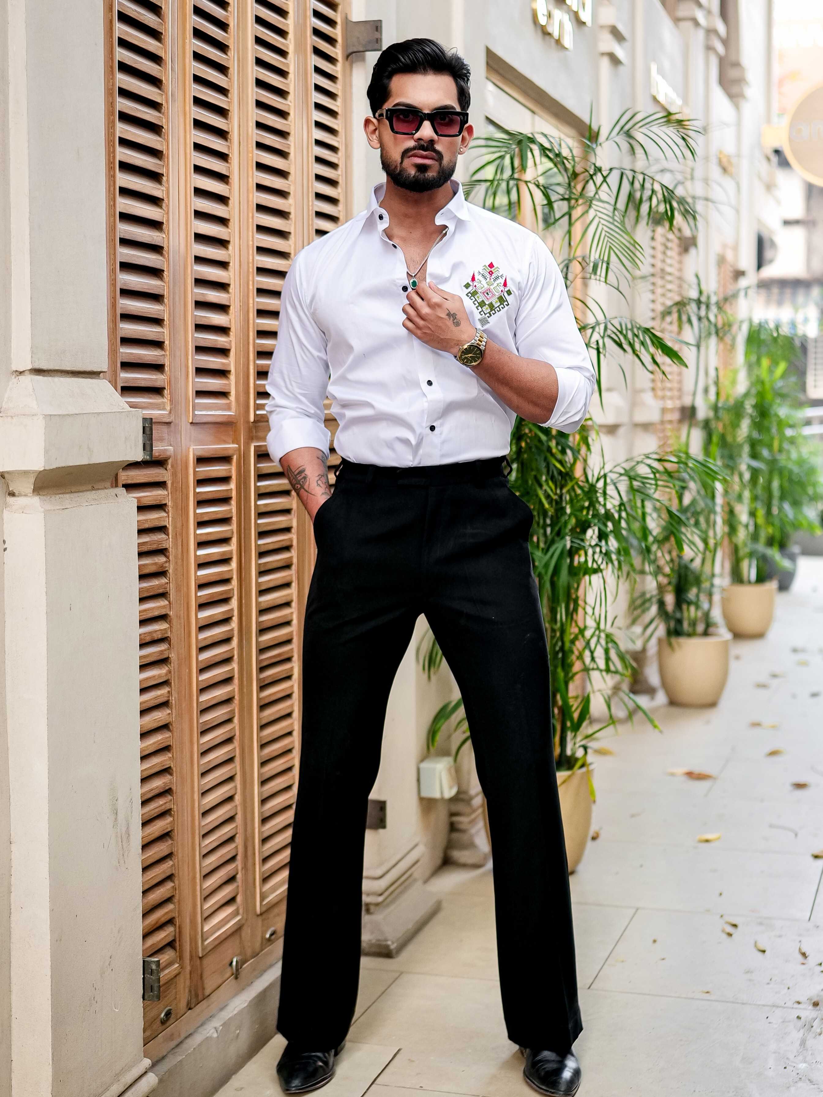 WHITE EMBROIDERED DESIGNER SATIN COTTON SHIRT FOR MEN'S