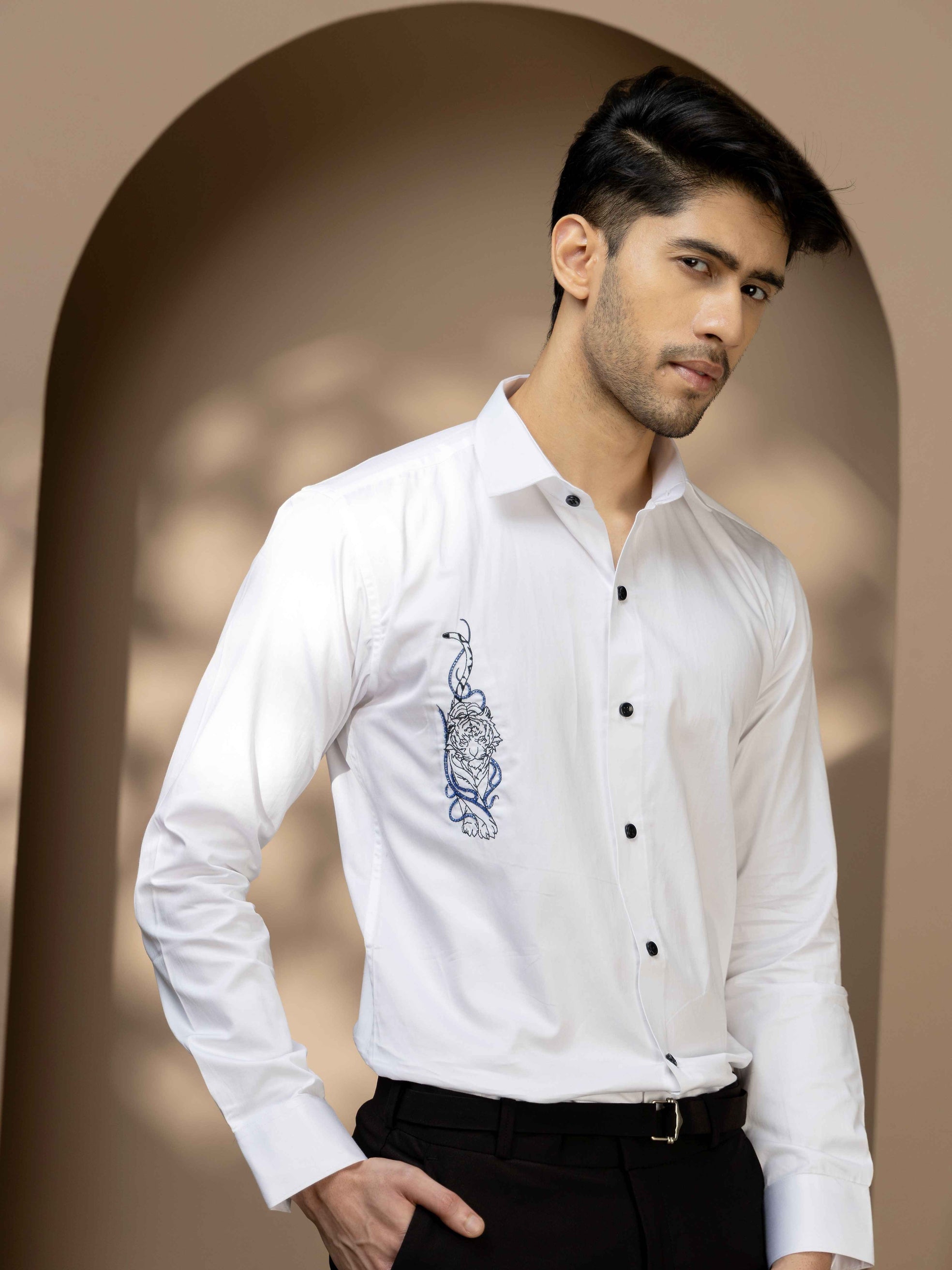 FOOMER WHITE EMBROIDERY SATIN COTTON SHIRT FOR MEN