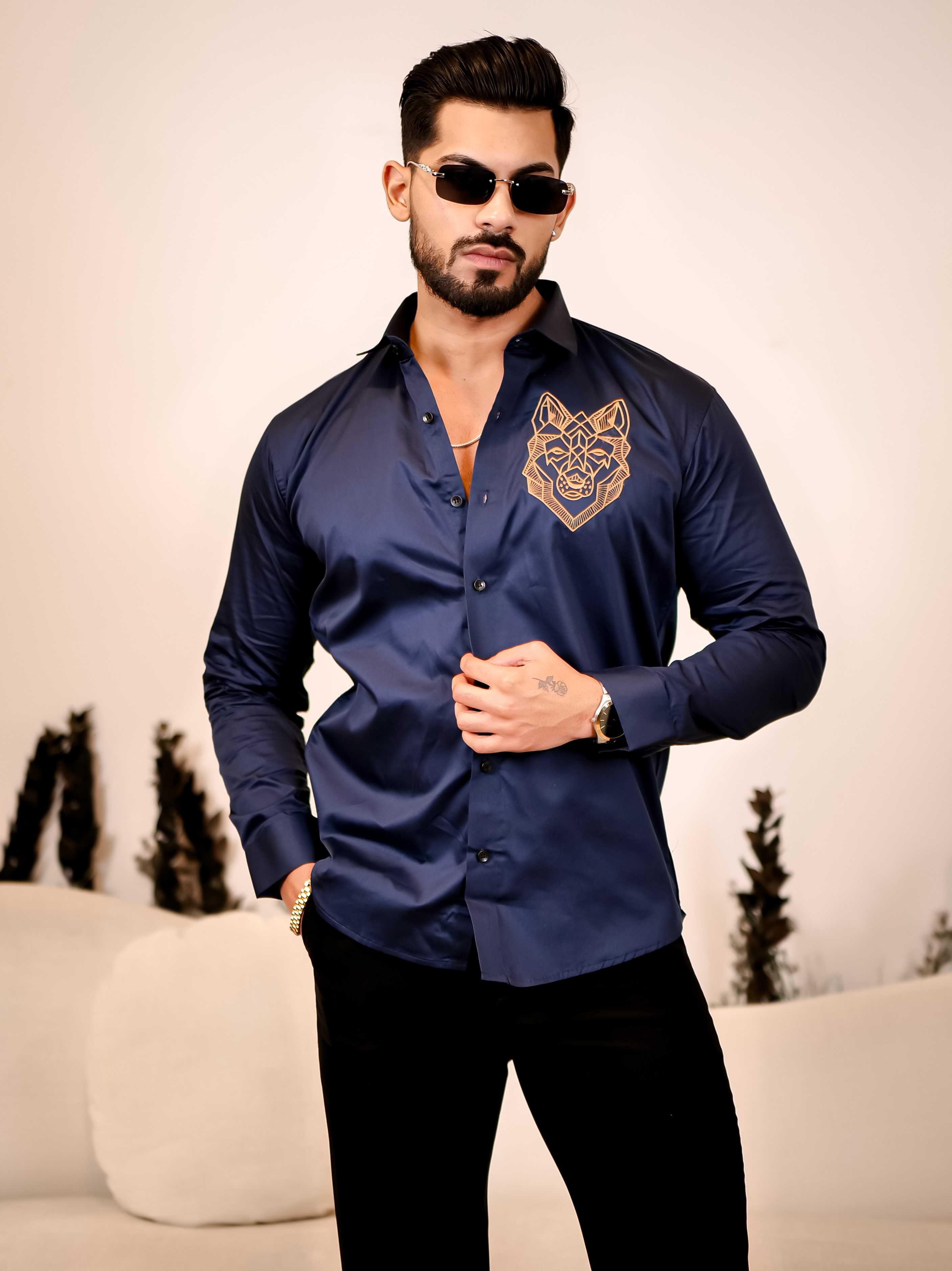 Line Art Wolf Navy Embroidered Club Wear Satin Cotton Shirt