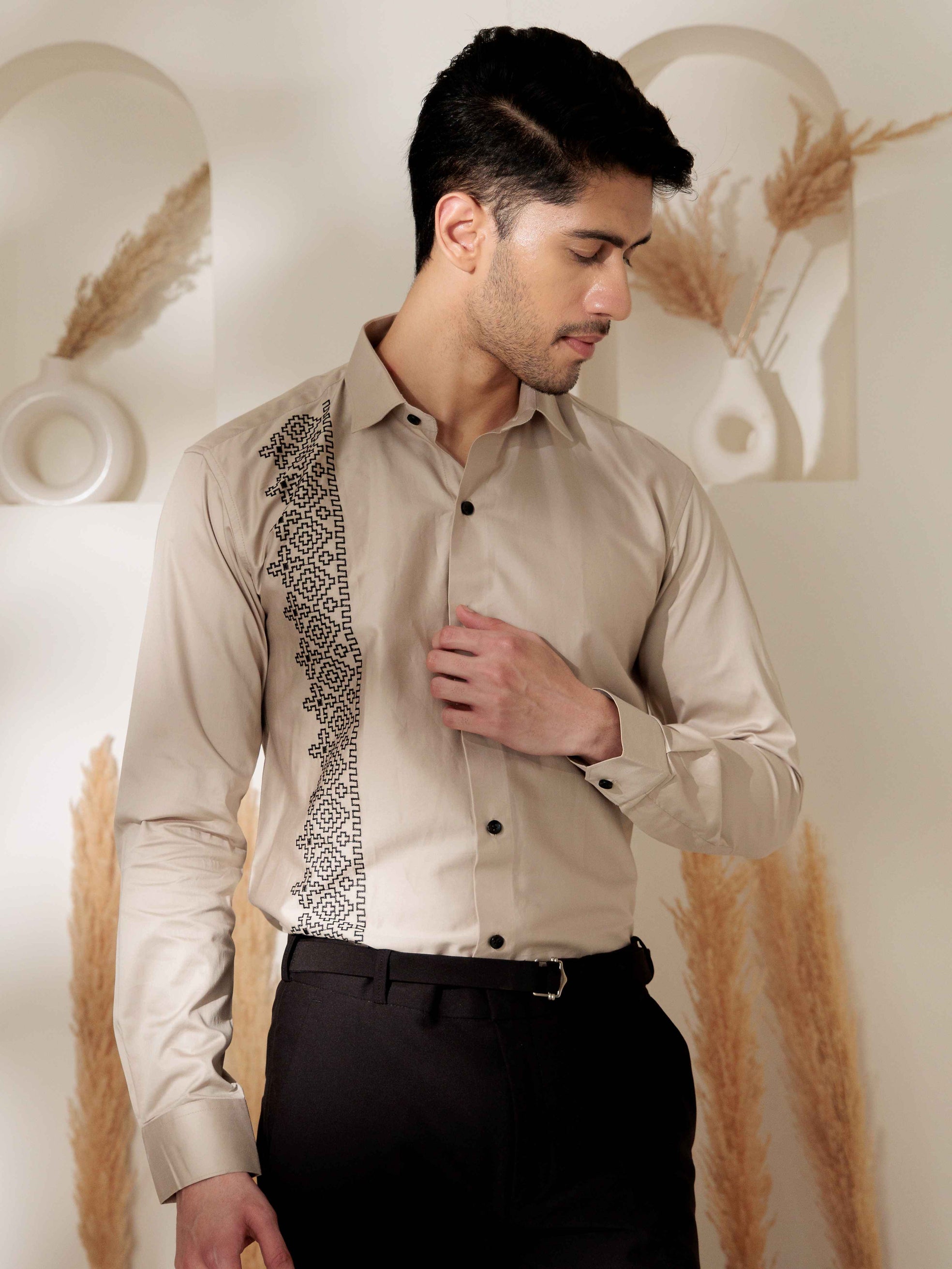 FOOMER CREAM EMBROIDERED DESIGNER WEAR SATIN COTTON SHIRT