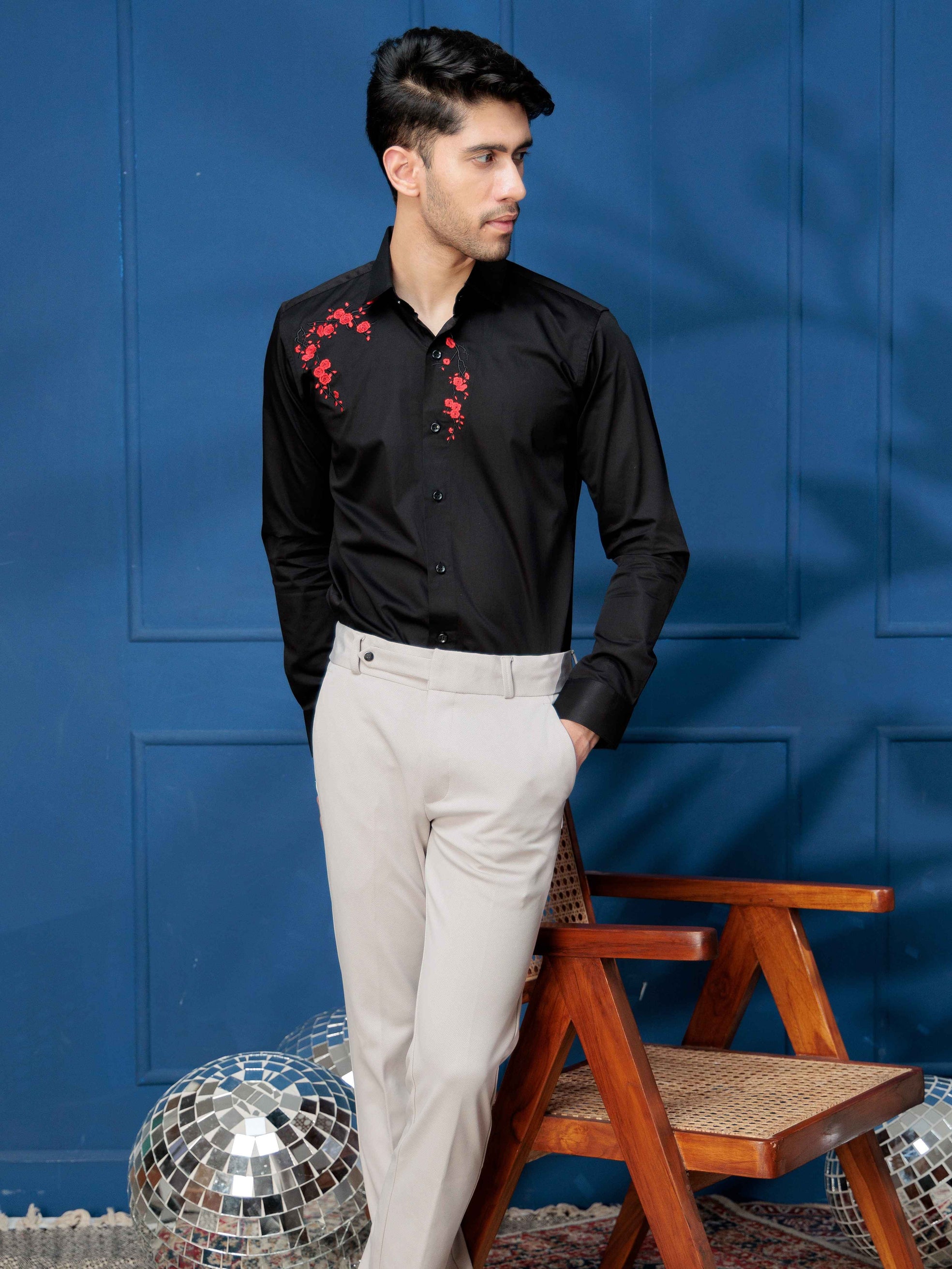 FOOMER BLACK  FLOWER EMBROIDERED DESIGNER WEAR SATIN COTTON SHIRT FOR MEN