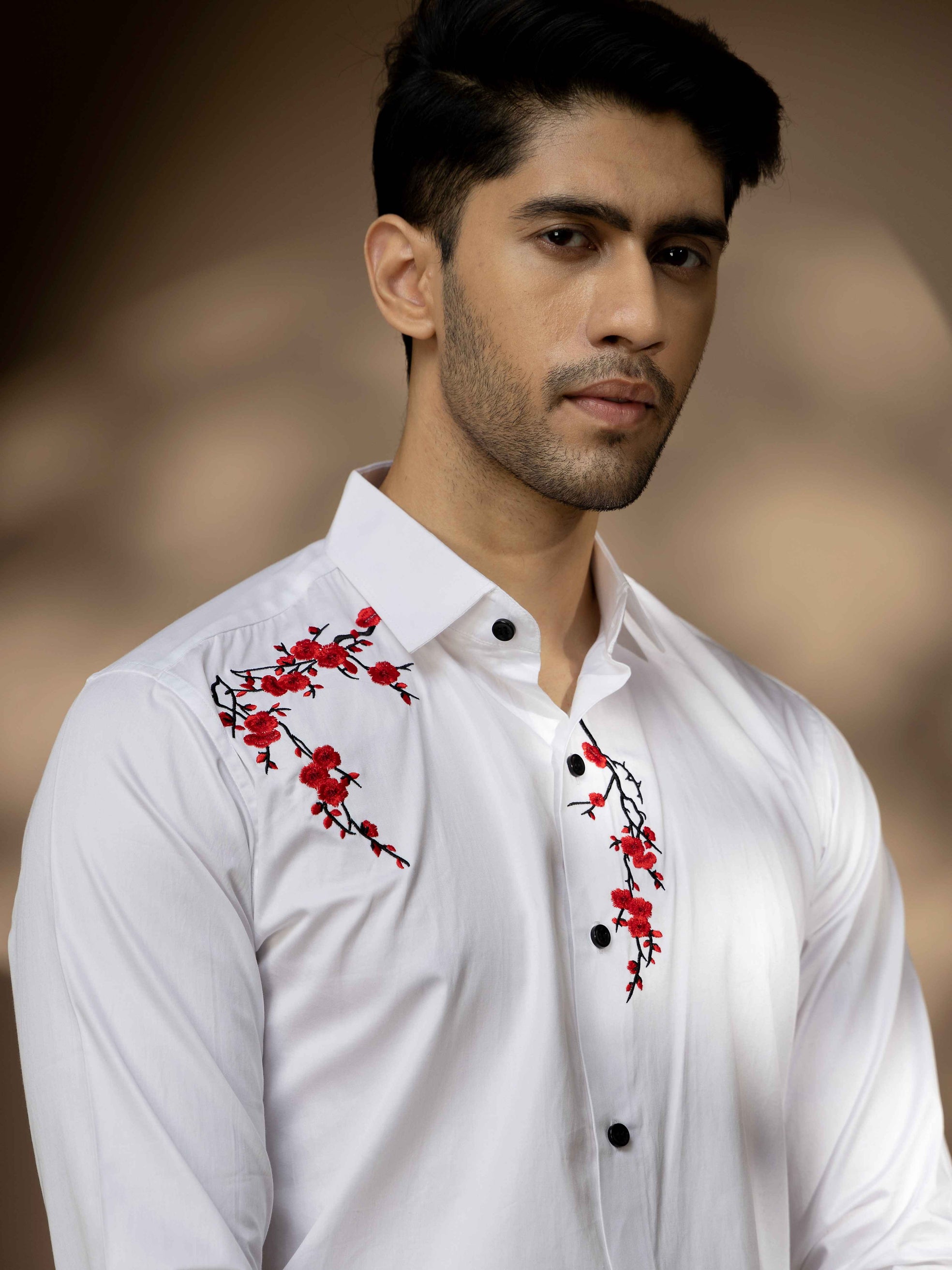 FOOMER WHITE EMBROIDERED DESIGNER WEAR SATIN COTTON SHIRT FOR MEN