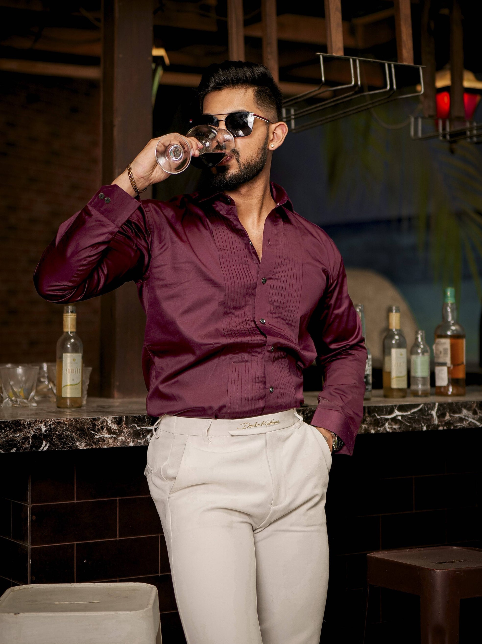 Wine Subtle Sheen Tuxedo Premium Giza Satin Cotton Shirt