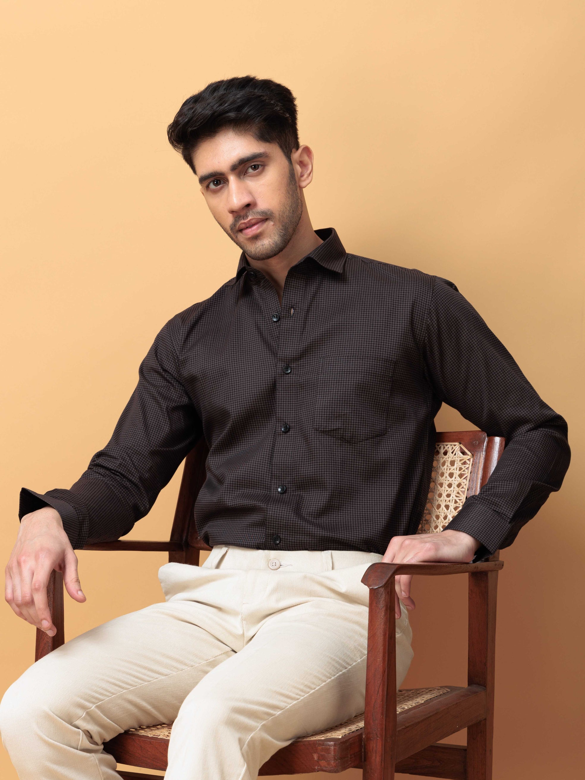 FOOMER DARK GREY MINI CHECKED COTTON CASUAL SHIRT FOR MEN'S