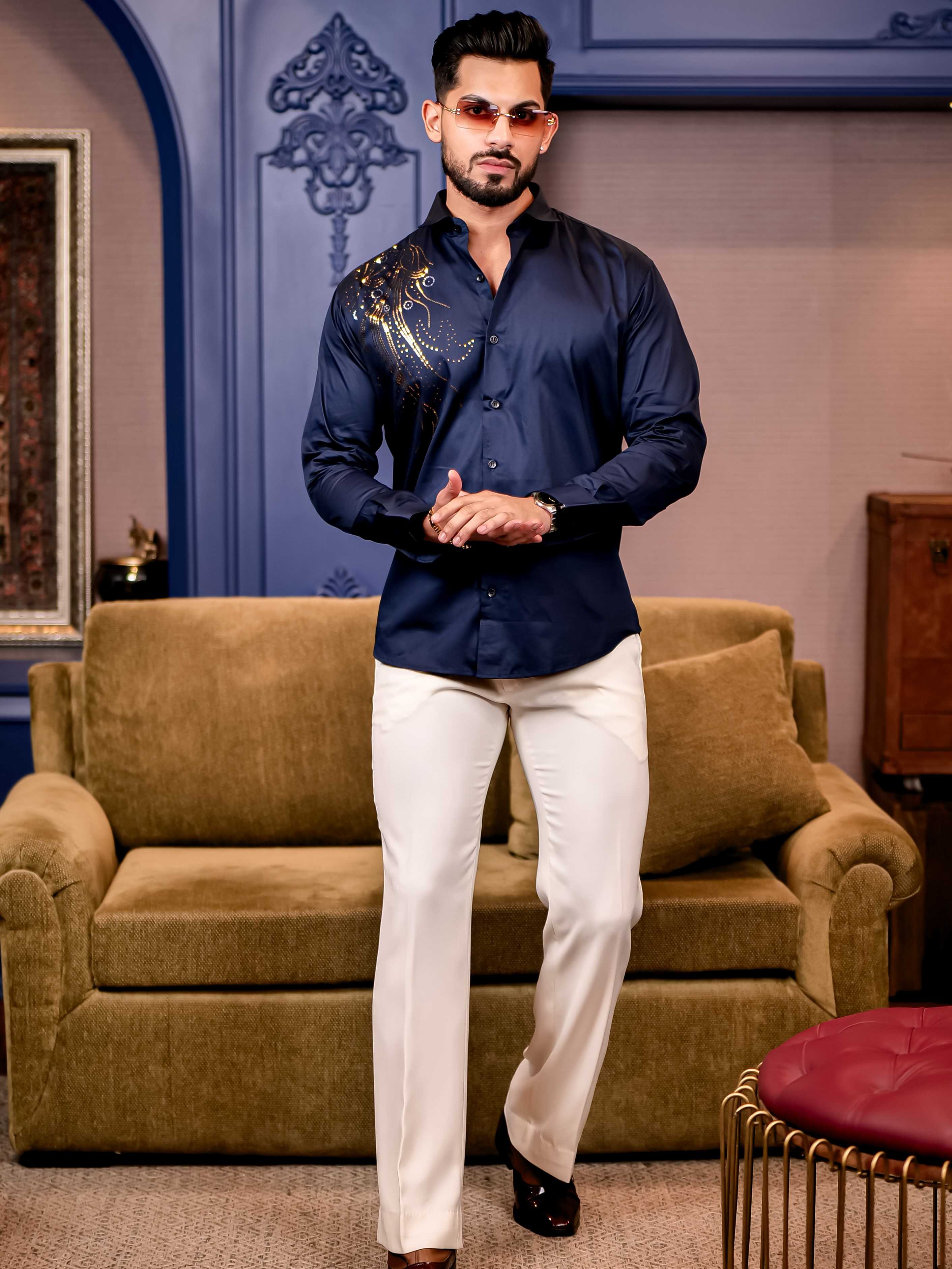 Navy Sequence Club Wear Satin Cotton Party Shirt