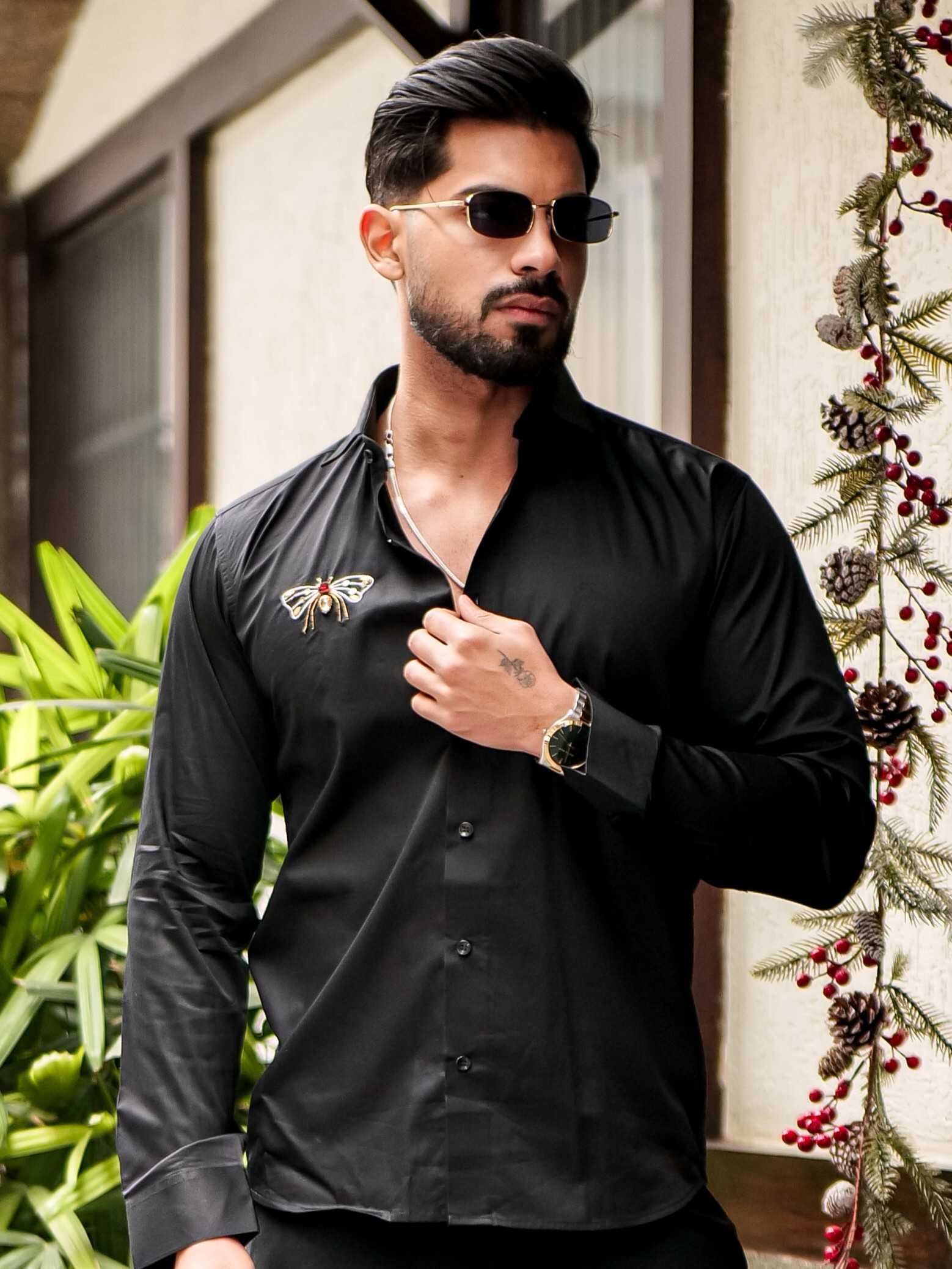 FOOMER BLACK RHINESTONE HAND WORK SATIN COTTON PREMIUM MEN'S SHIRT